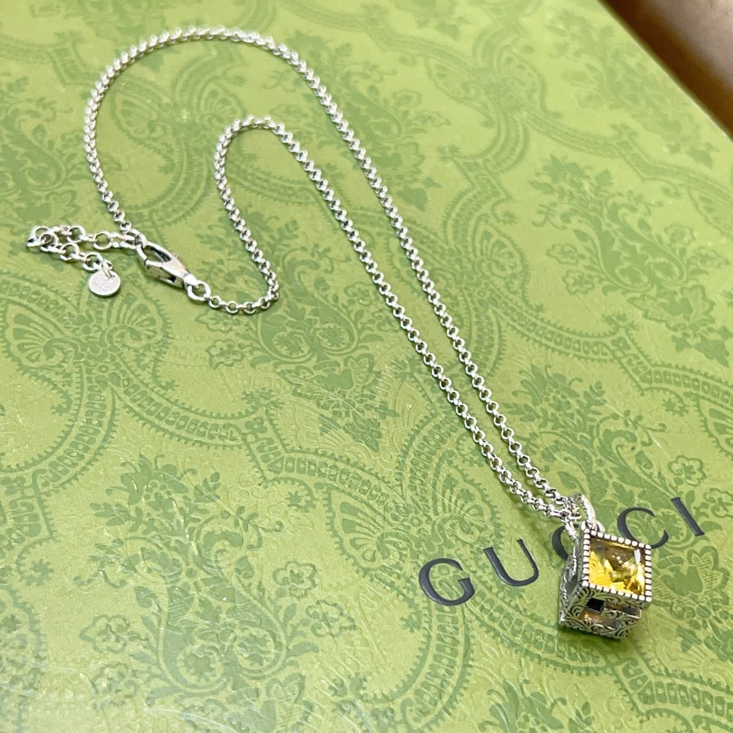 Gucci Silver Tone Yellow Crystal Pendant Necklace