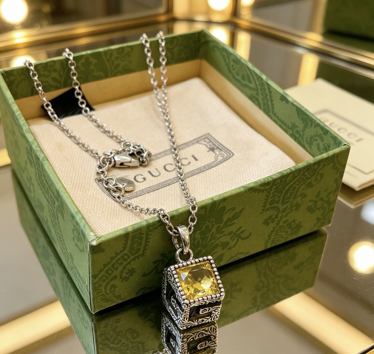 Gucci Silver Tone Yellow Crystal Pendant Necklace