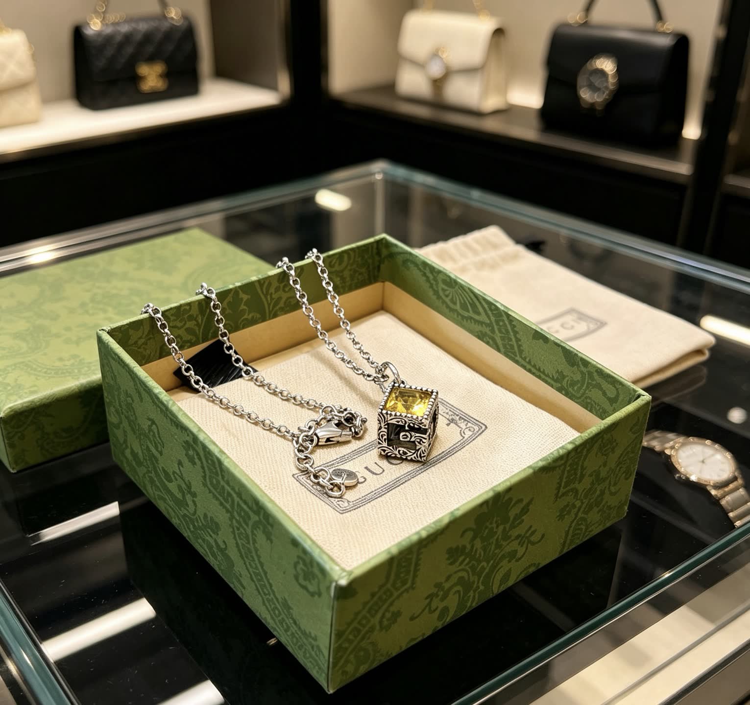 Gucci Silver Tone Yellow Crystal Pendant Necklace