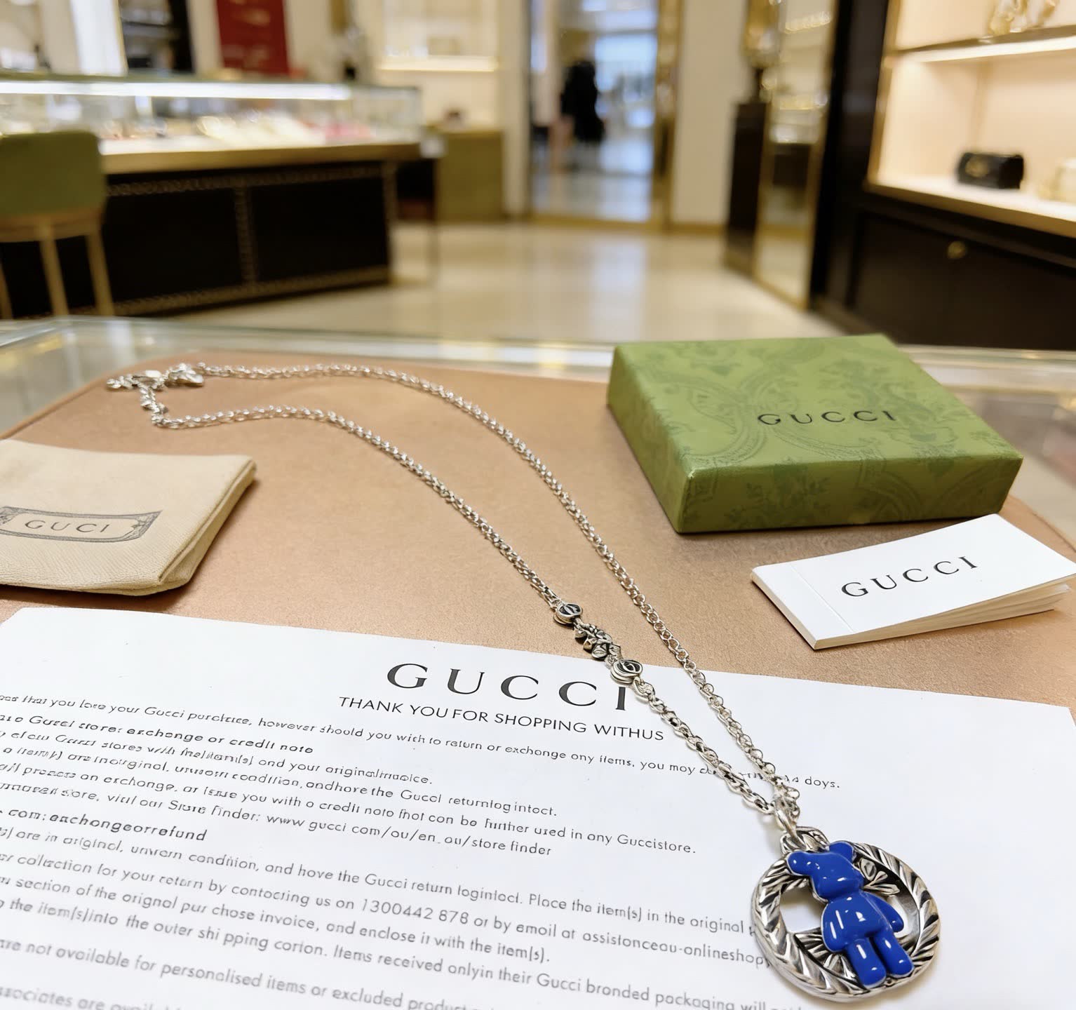 Gucci Silver Chain with Blue Pendant