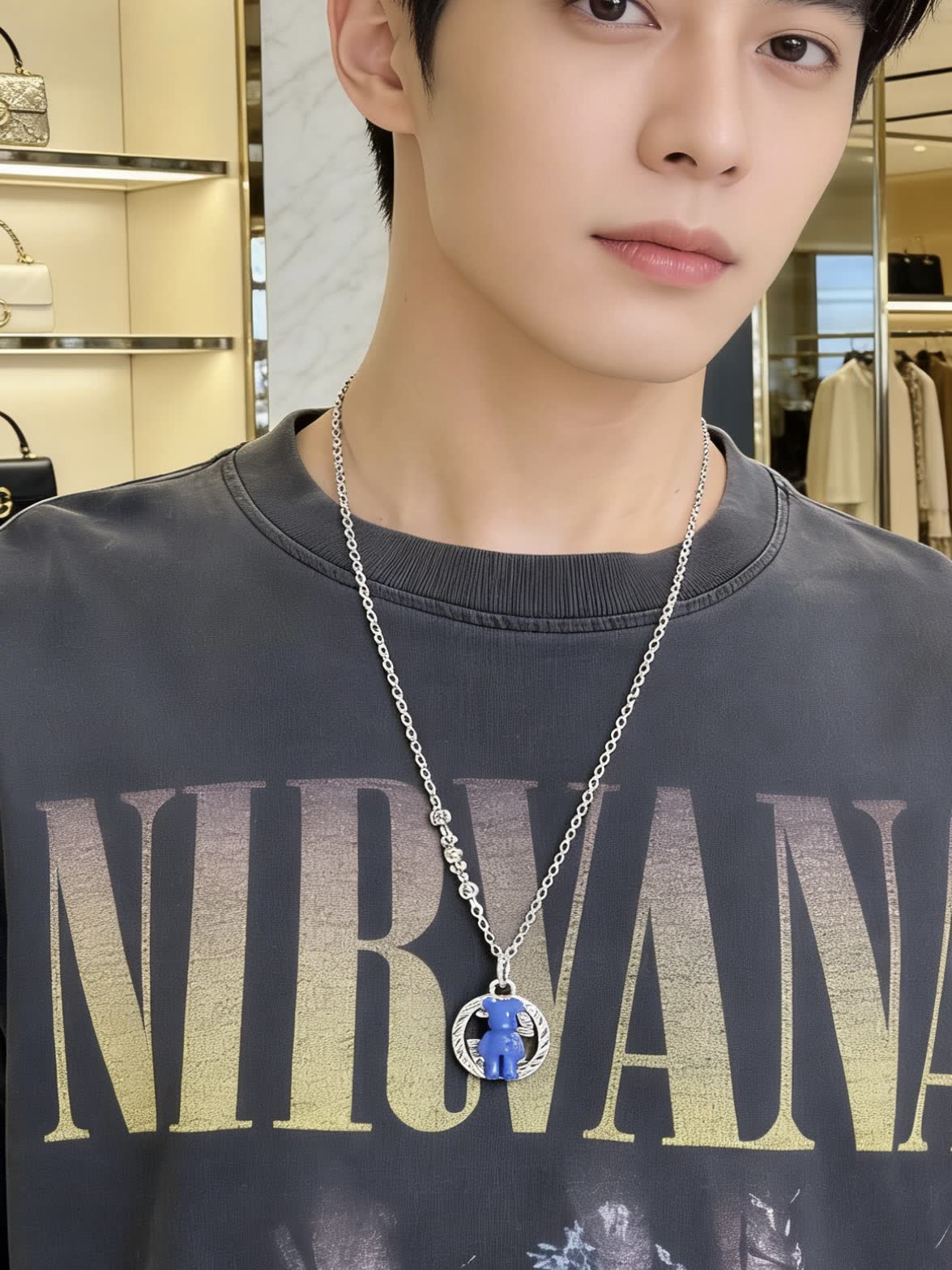 Gucci Silver Chain with Blue Pendant