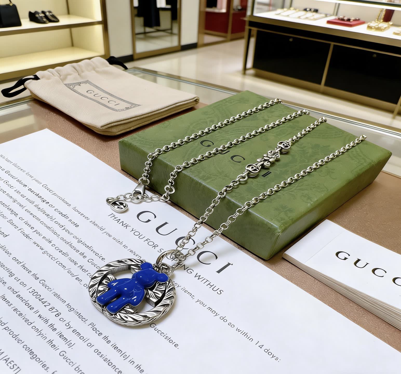 Gucci Silver Chain with Blue Pendant