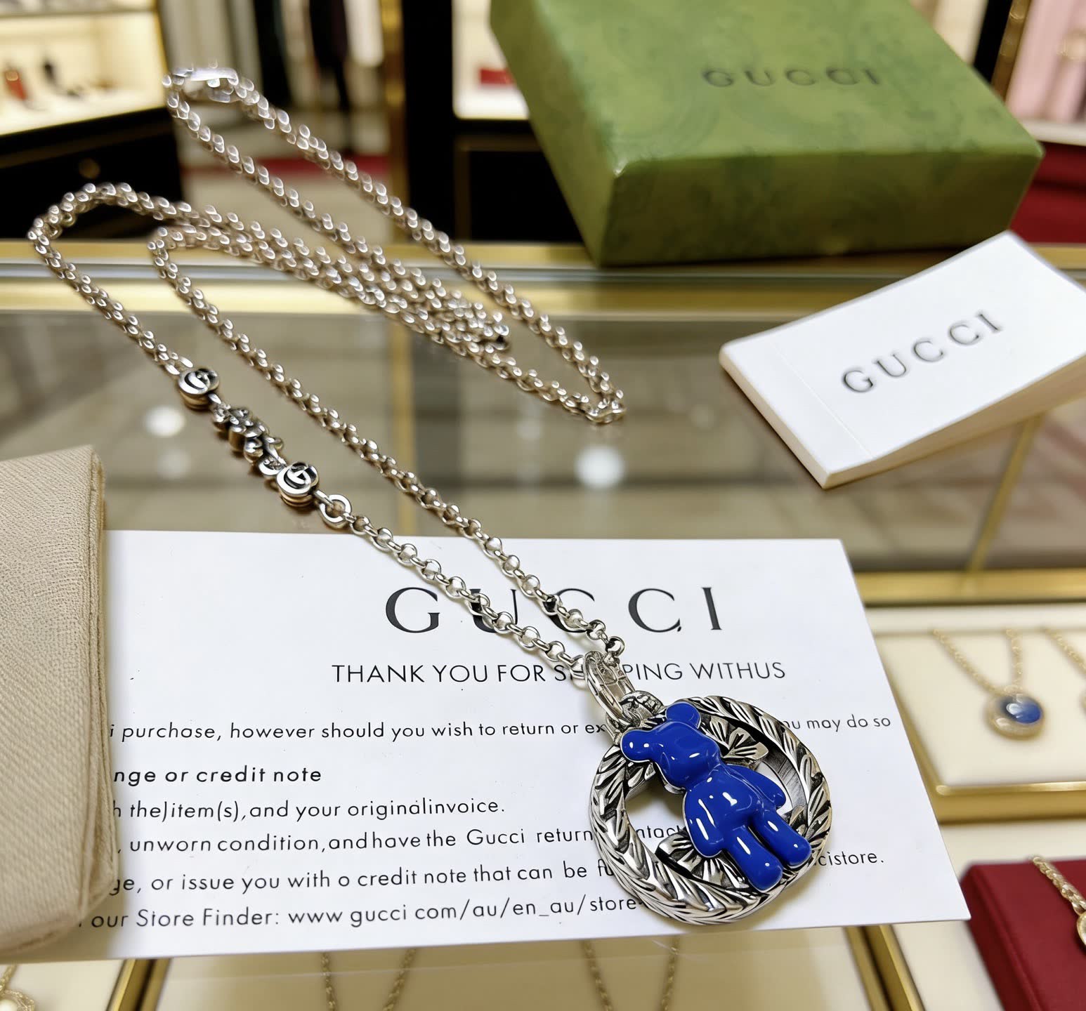 Gucci Silver Chain with Blue Pendant