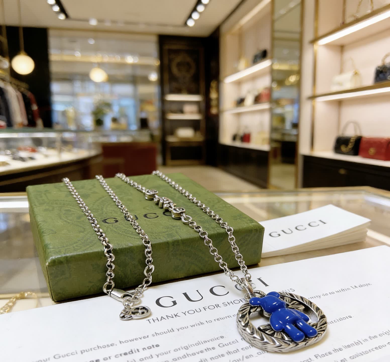 Gucci Silver Chain with Blue Pendant