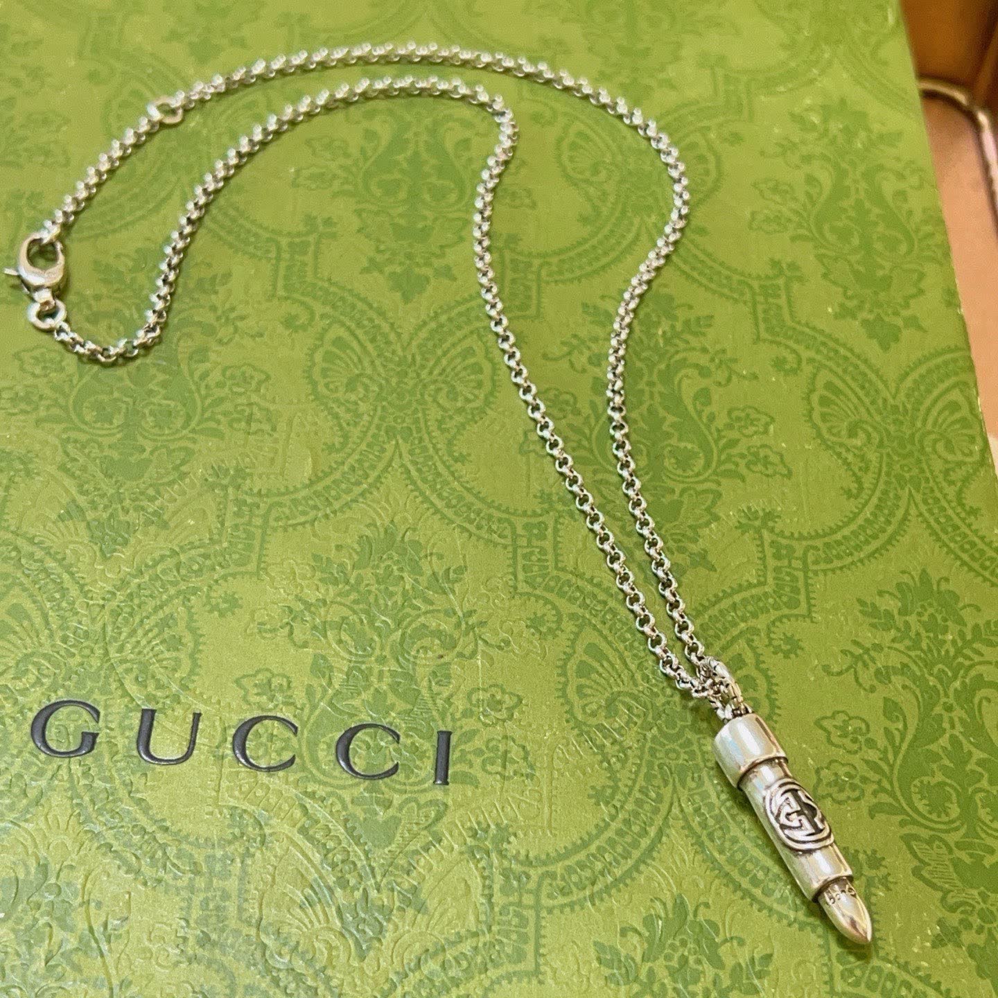 Gucci Silver Chain with Engraved Pendant