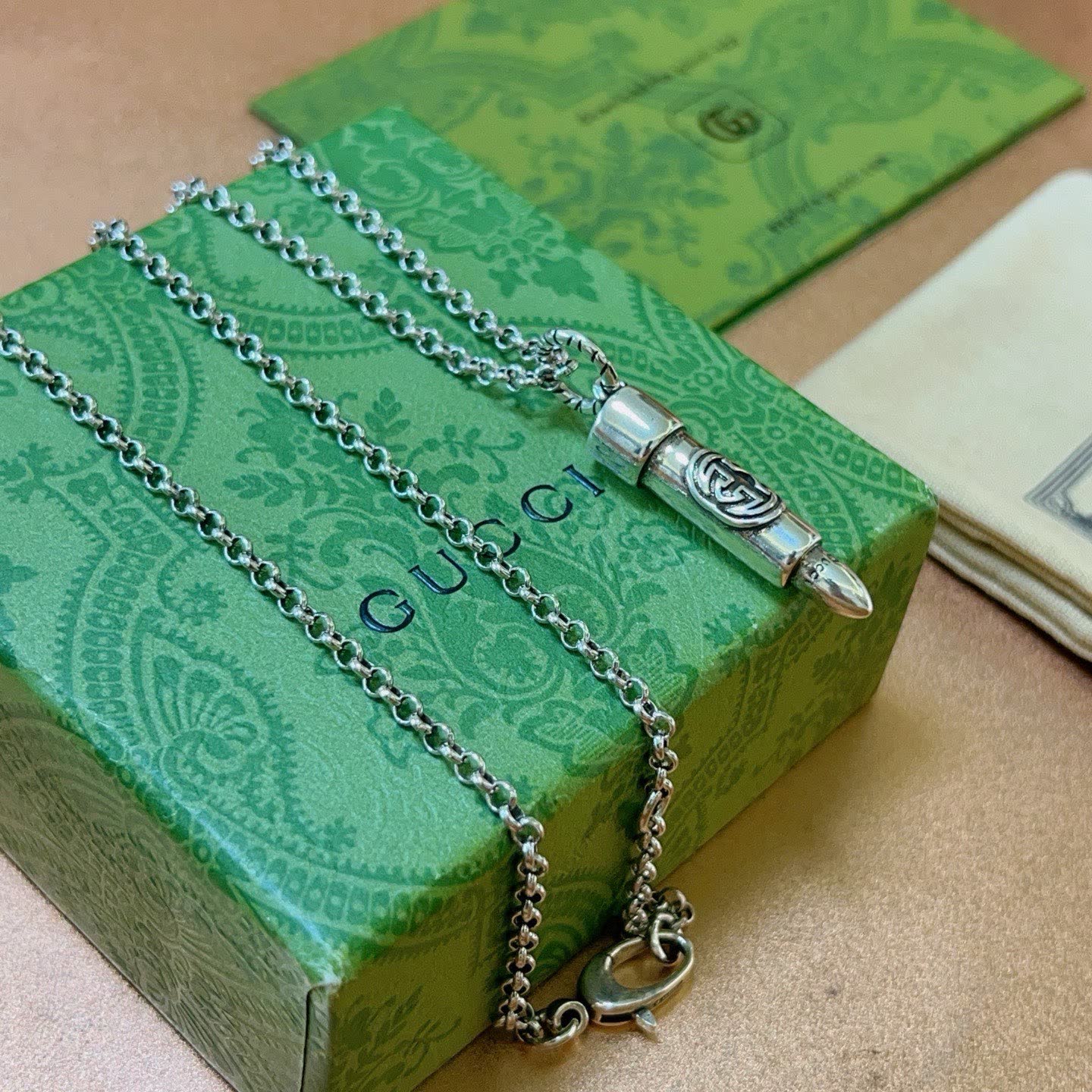 Gucci Silver Chain with Engraved Pendant