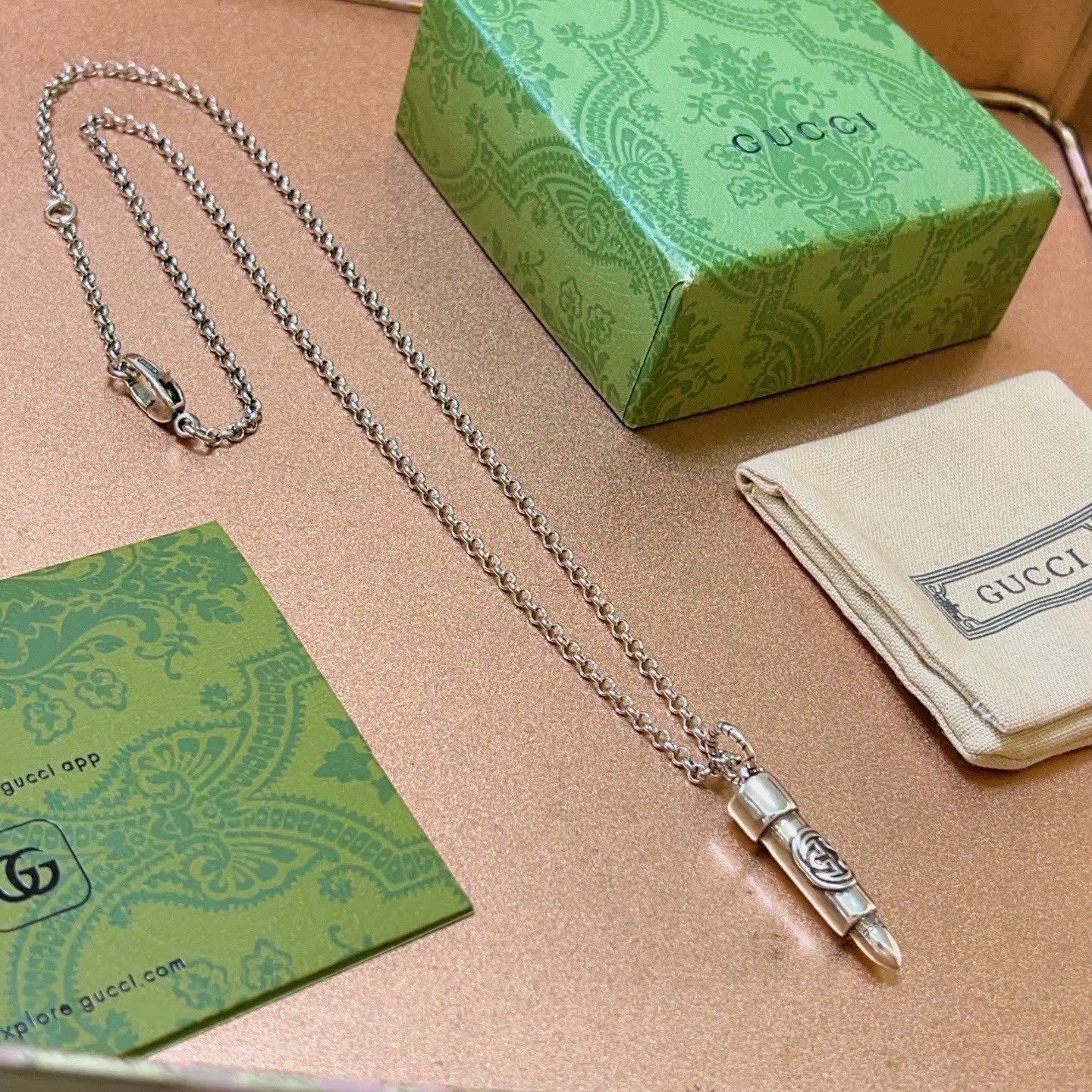 Gucci Silver Chain with Engraved Pendant