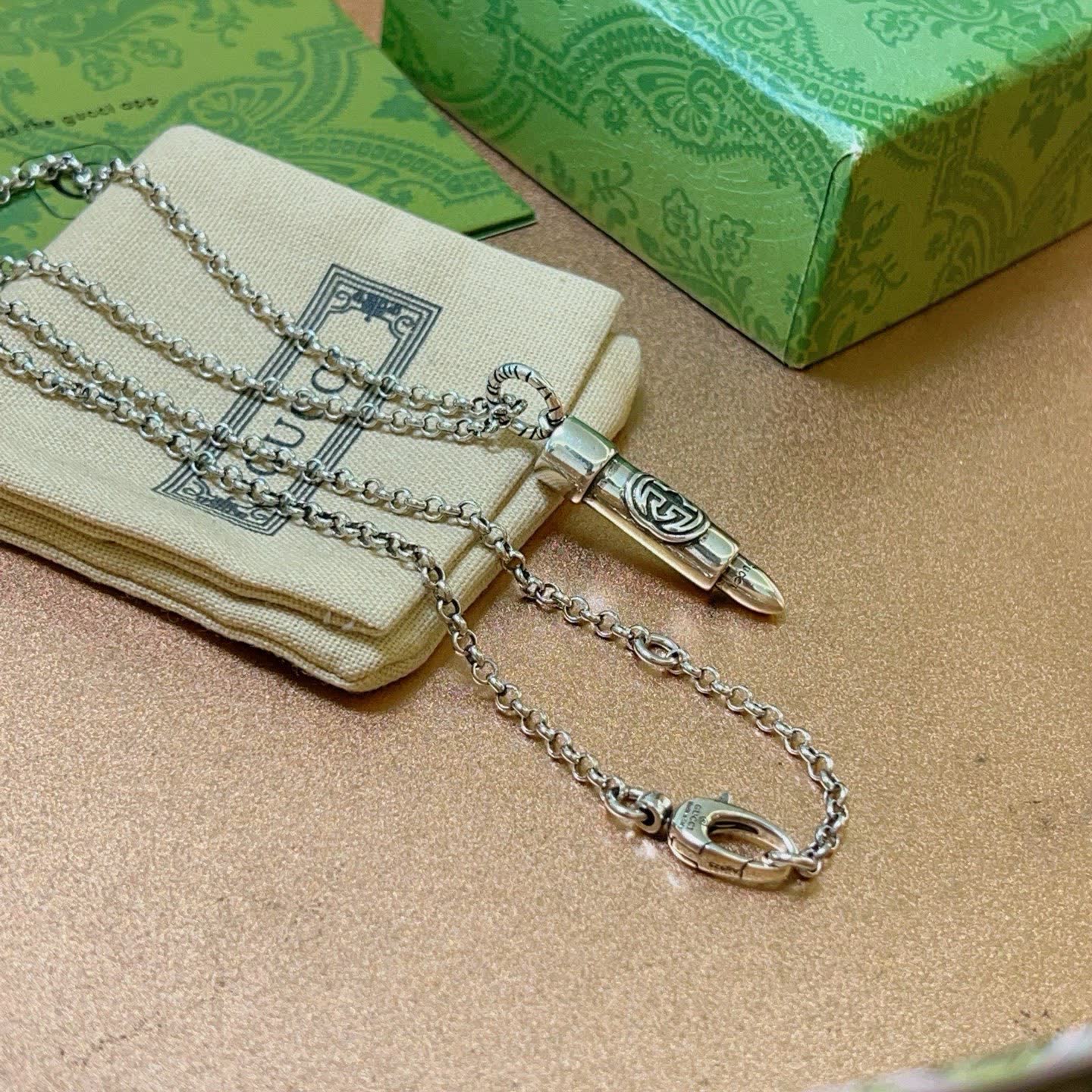 Gucci Silver Chain with Engraved Pendant