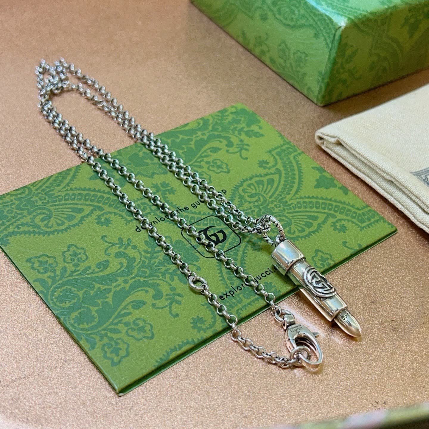 Gucci Silver Chain with Engraved Pendant