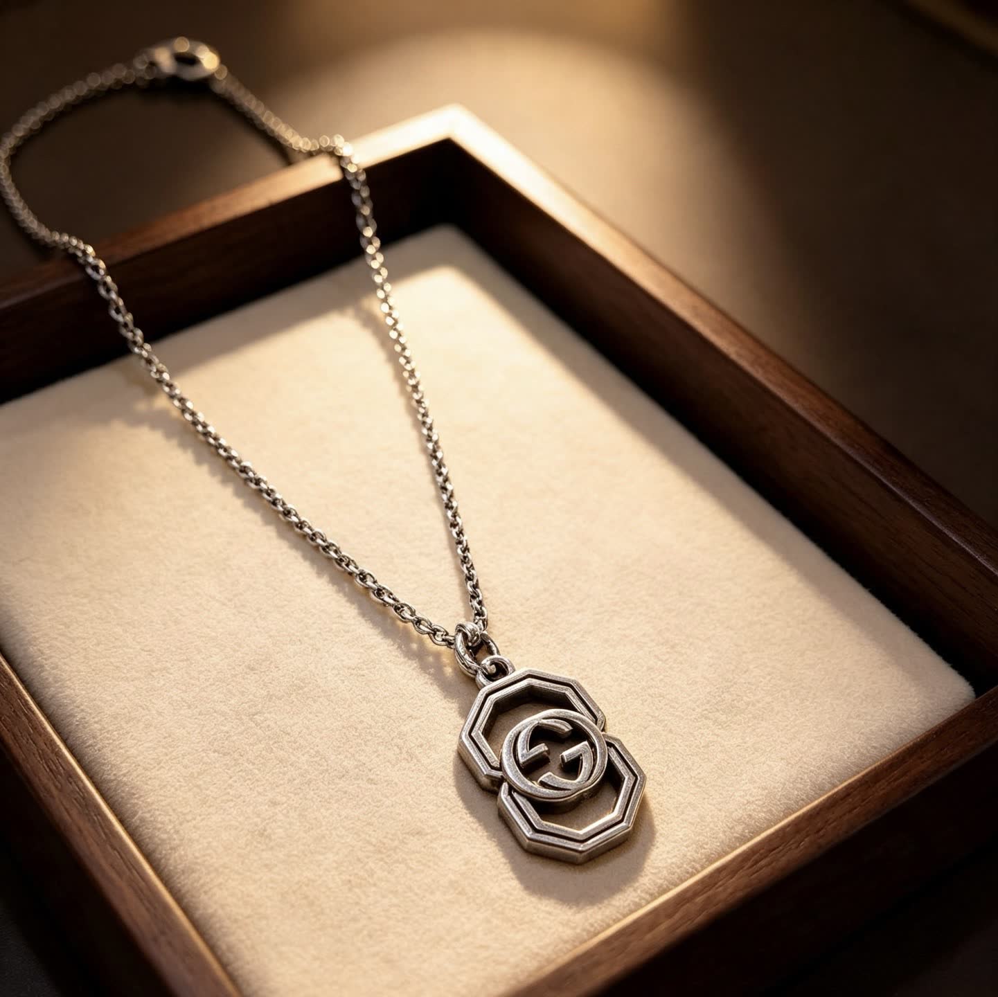 Gucci Silver Double G Octagon Pendant Necklace
