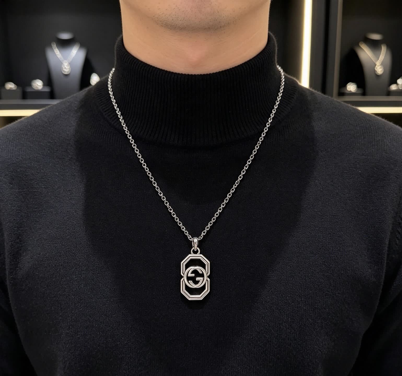 Gucci Silver Double G Octagon Pendant Necklace