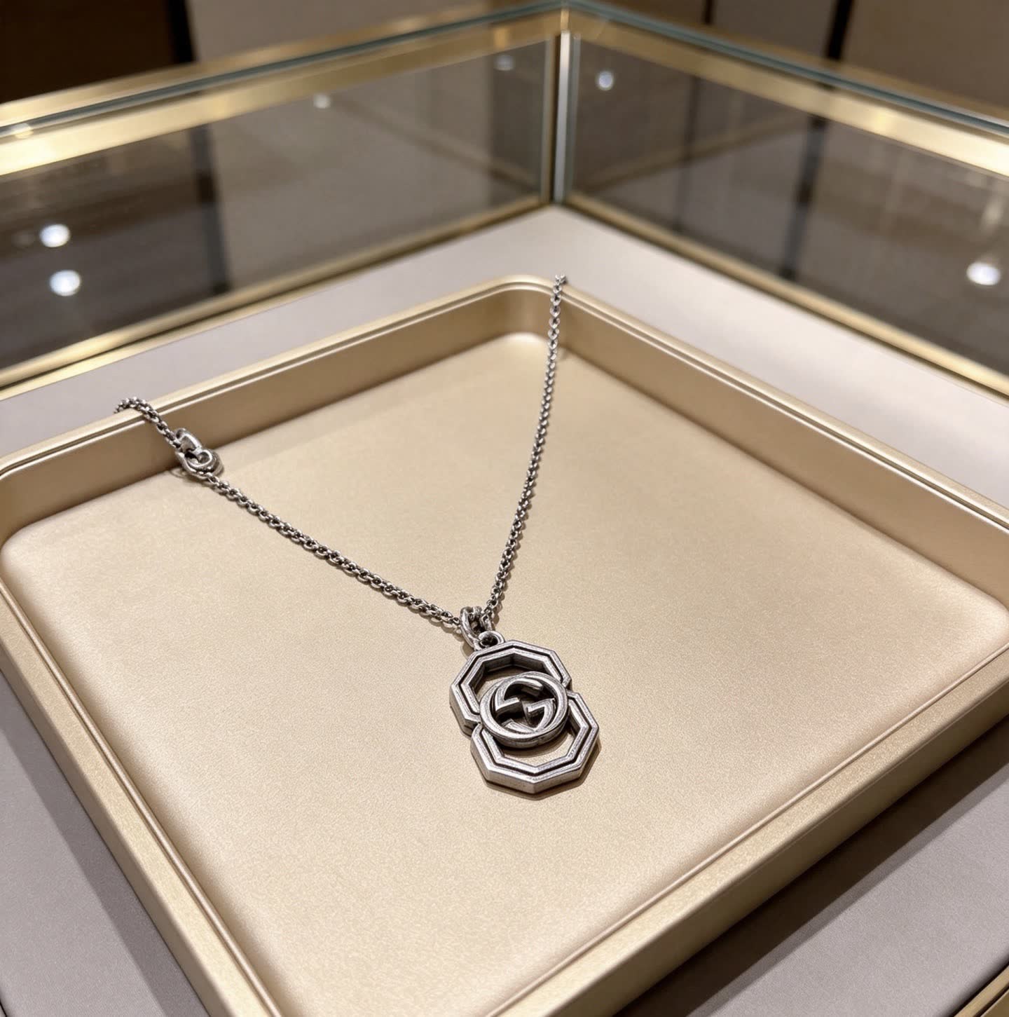Gucci Silver Double G Octagon Pendant Necklace