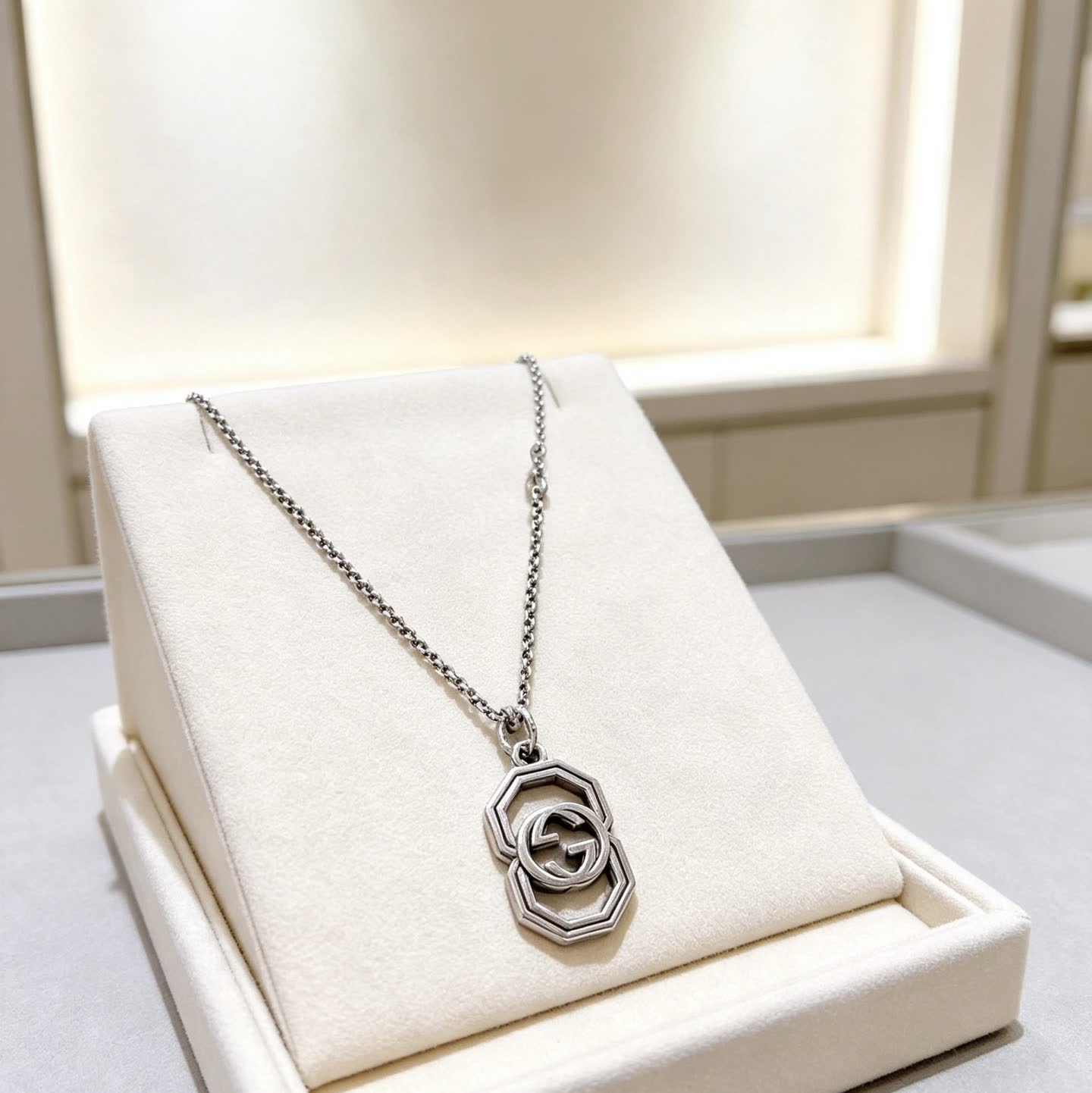 Gucci Silver Double G Octagon Pendant Necklace