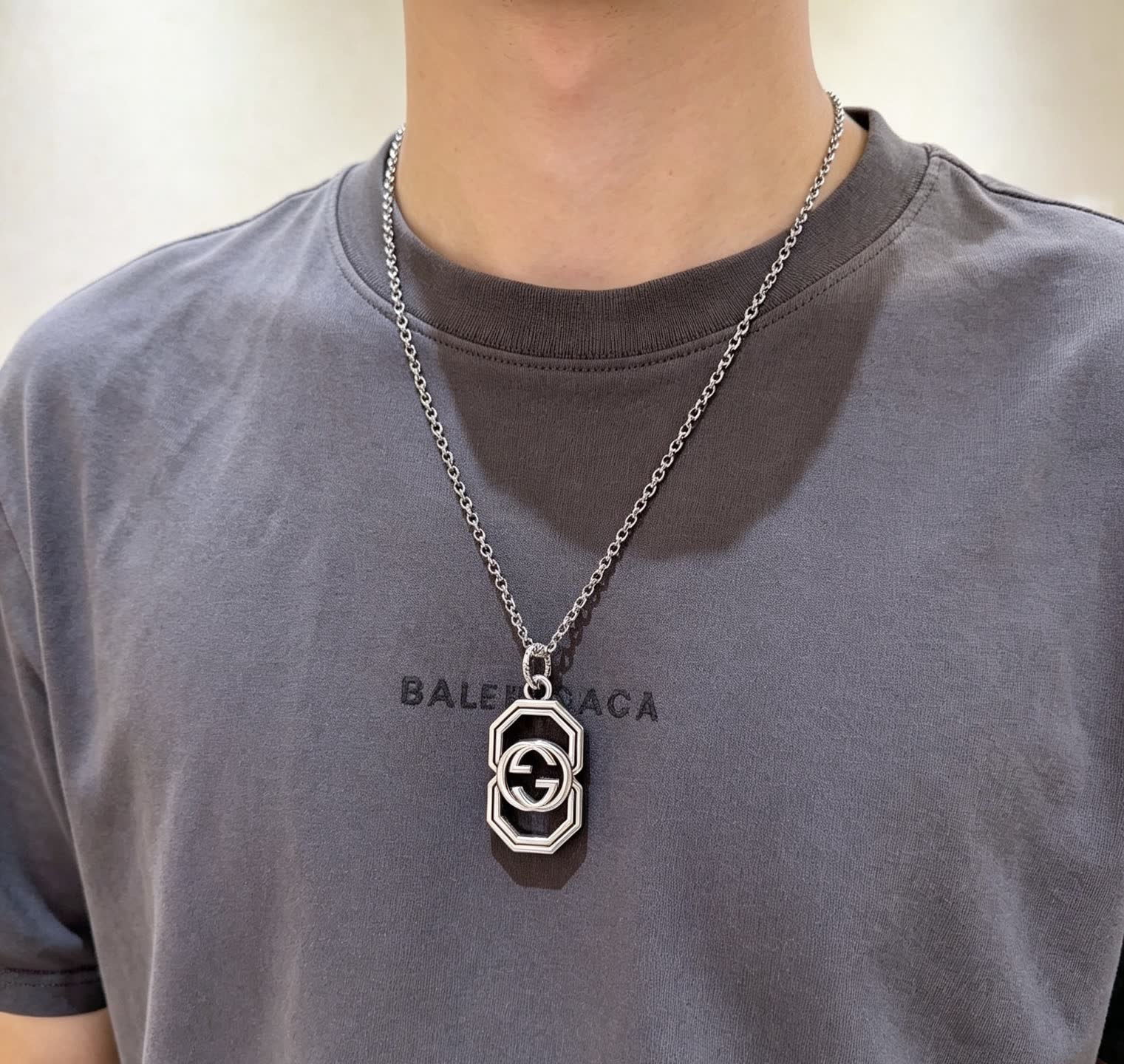 Gucci Silver Double G Octagon Pendant Necklace