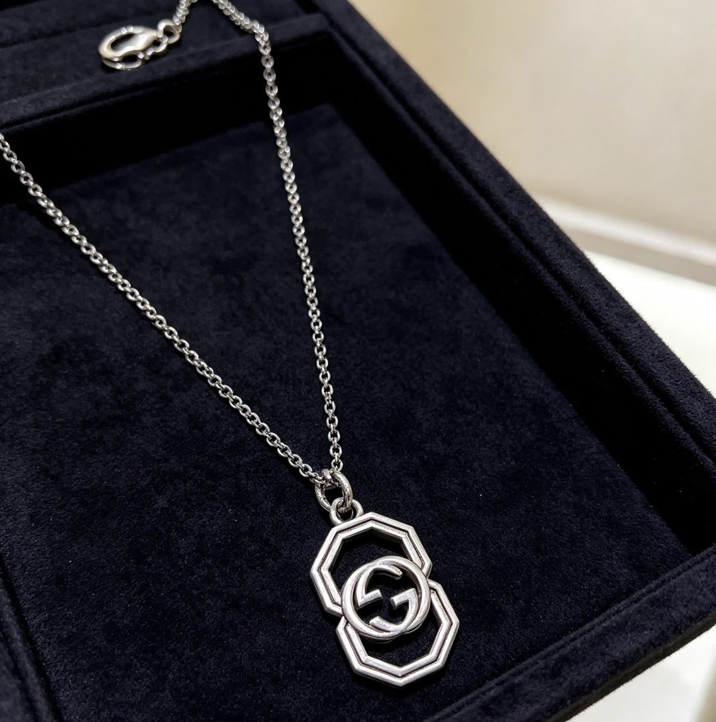 Gucci Silver Double G Octagon Pendant Necklace