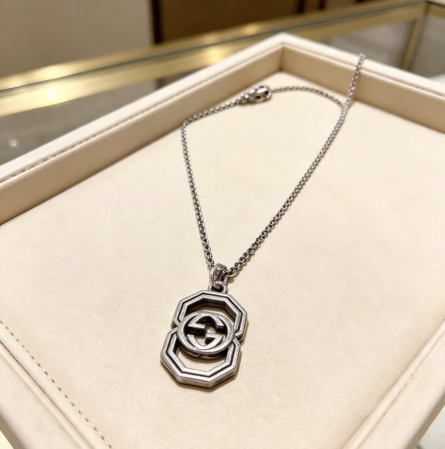 Gucci Silver Double G Octagon Pendant Necklace