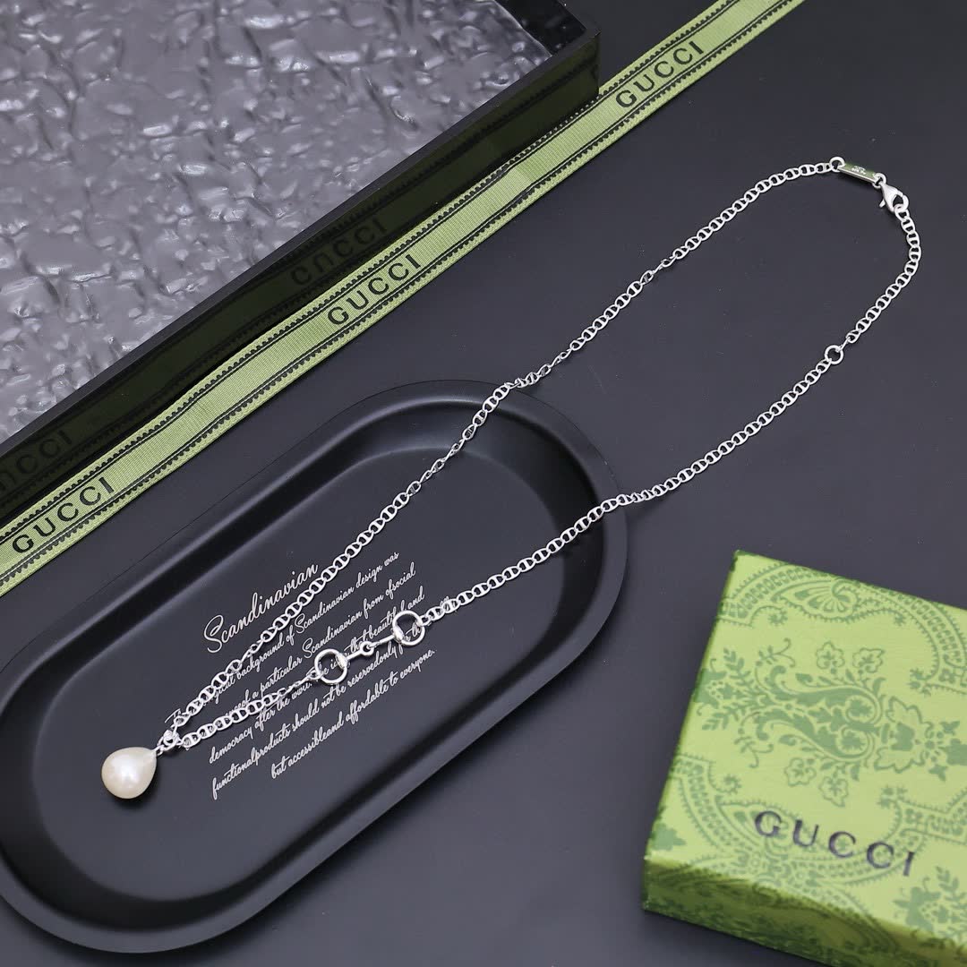 Gucci Silver Pearl Drop Necklace