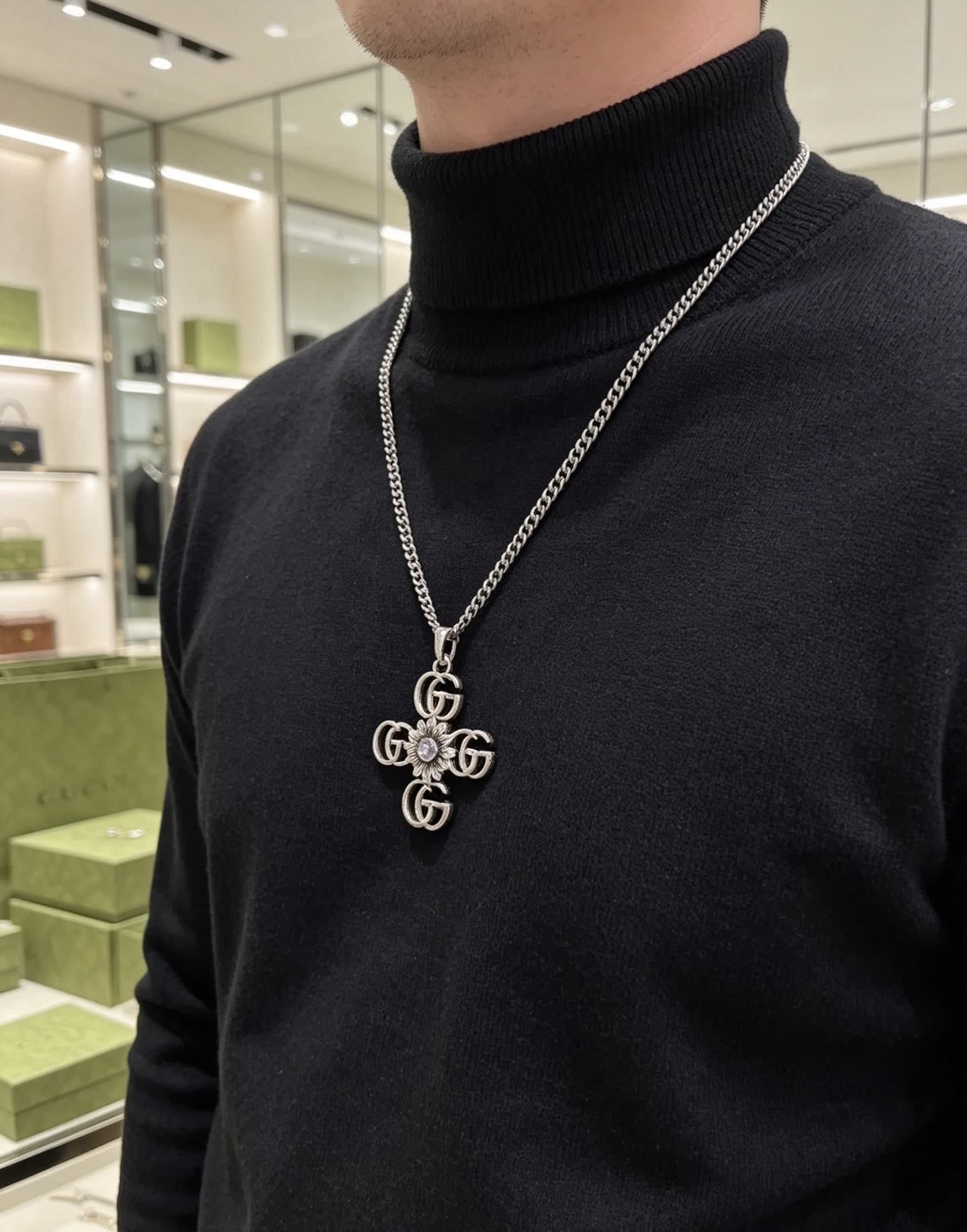Gucci Silver Cross Pendant Necklace