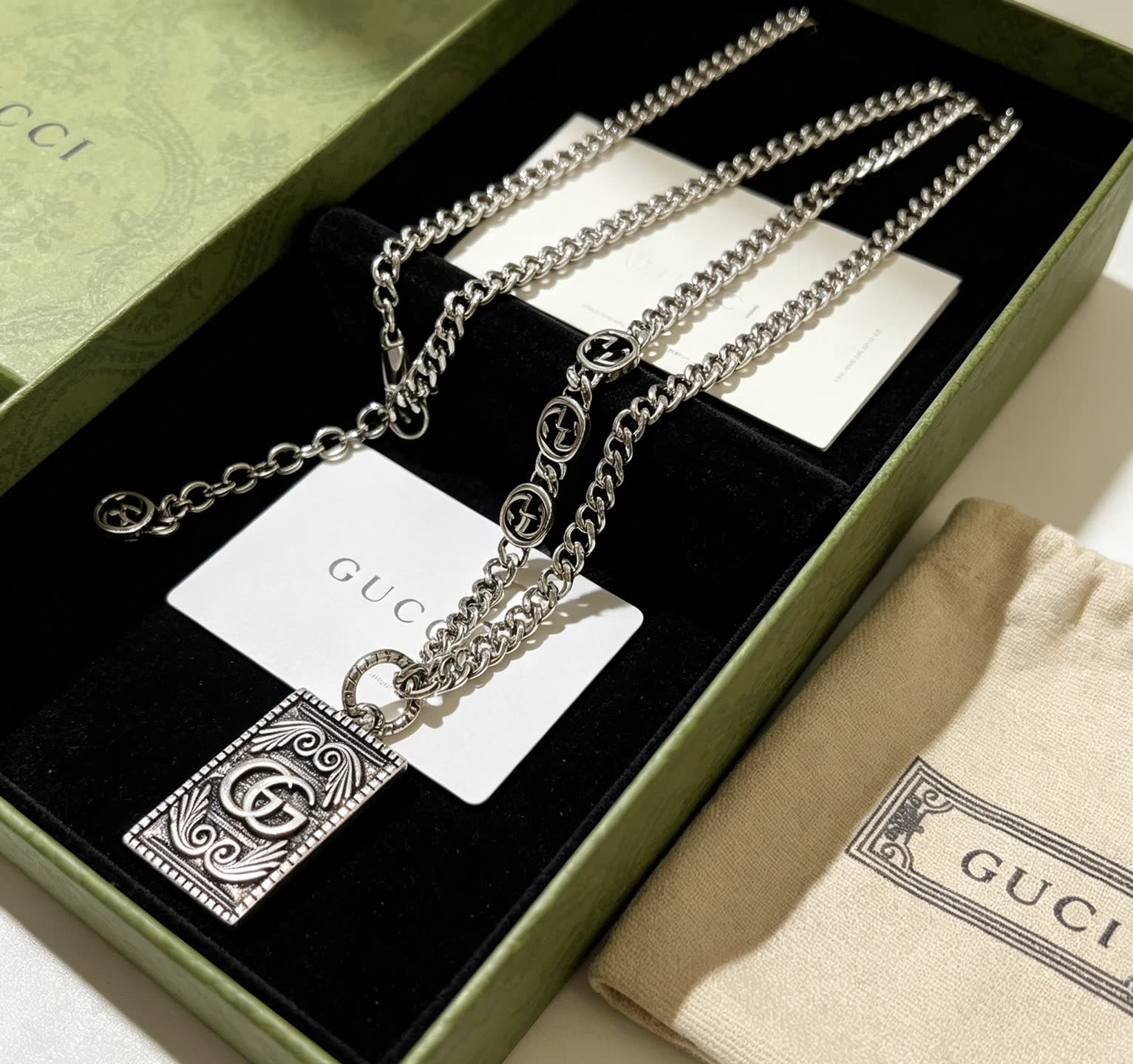 Gucci Silver Chain with Interlocking G Pendant