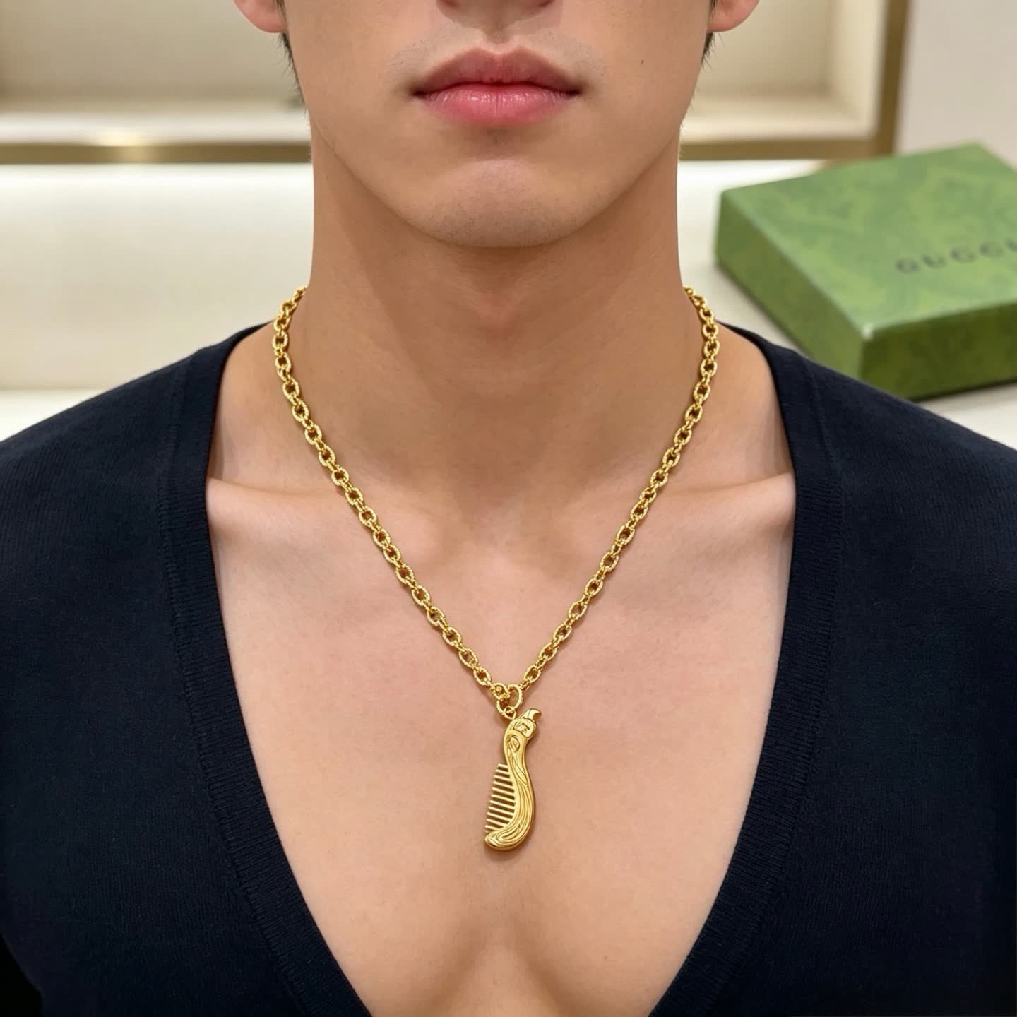Gucci Gold Tone Comb Pendant Necklace