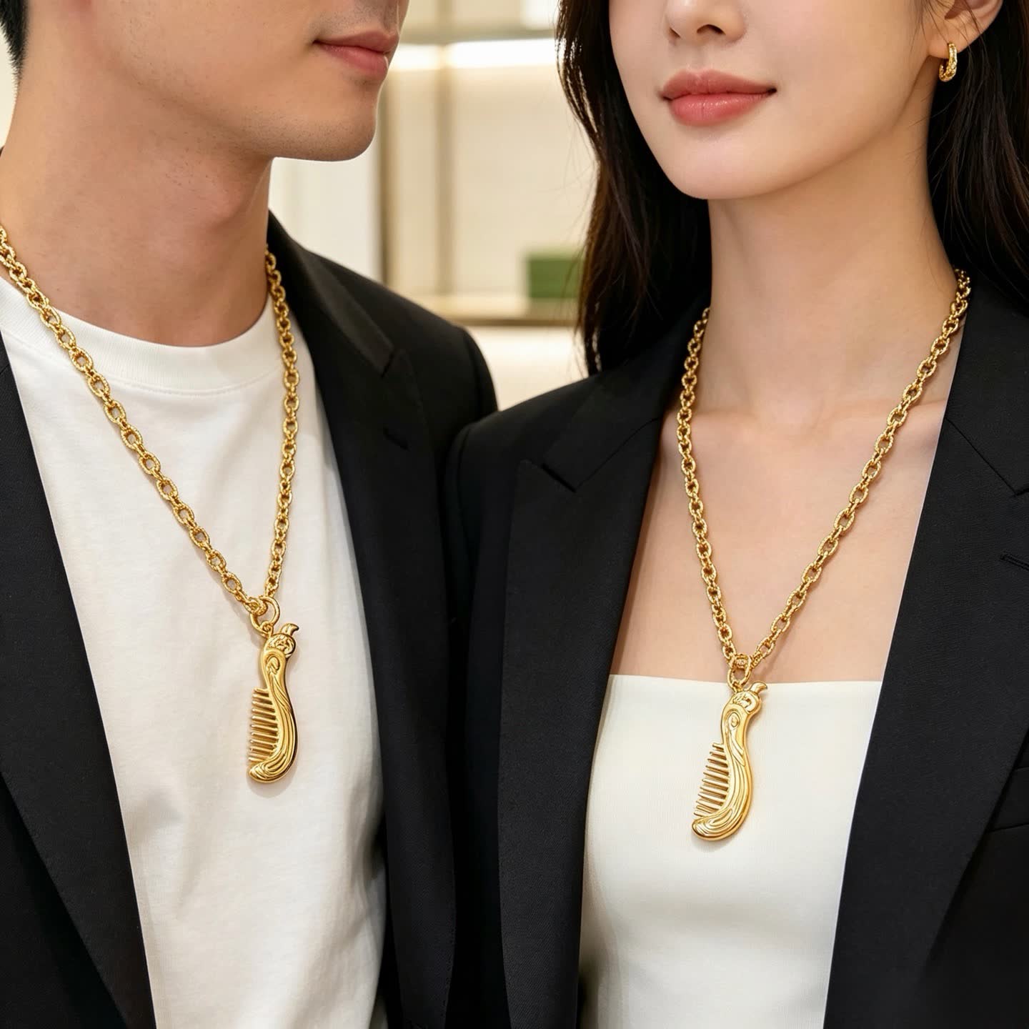 Gucci Gold Tone Comb Pendant Necklace