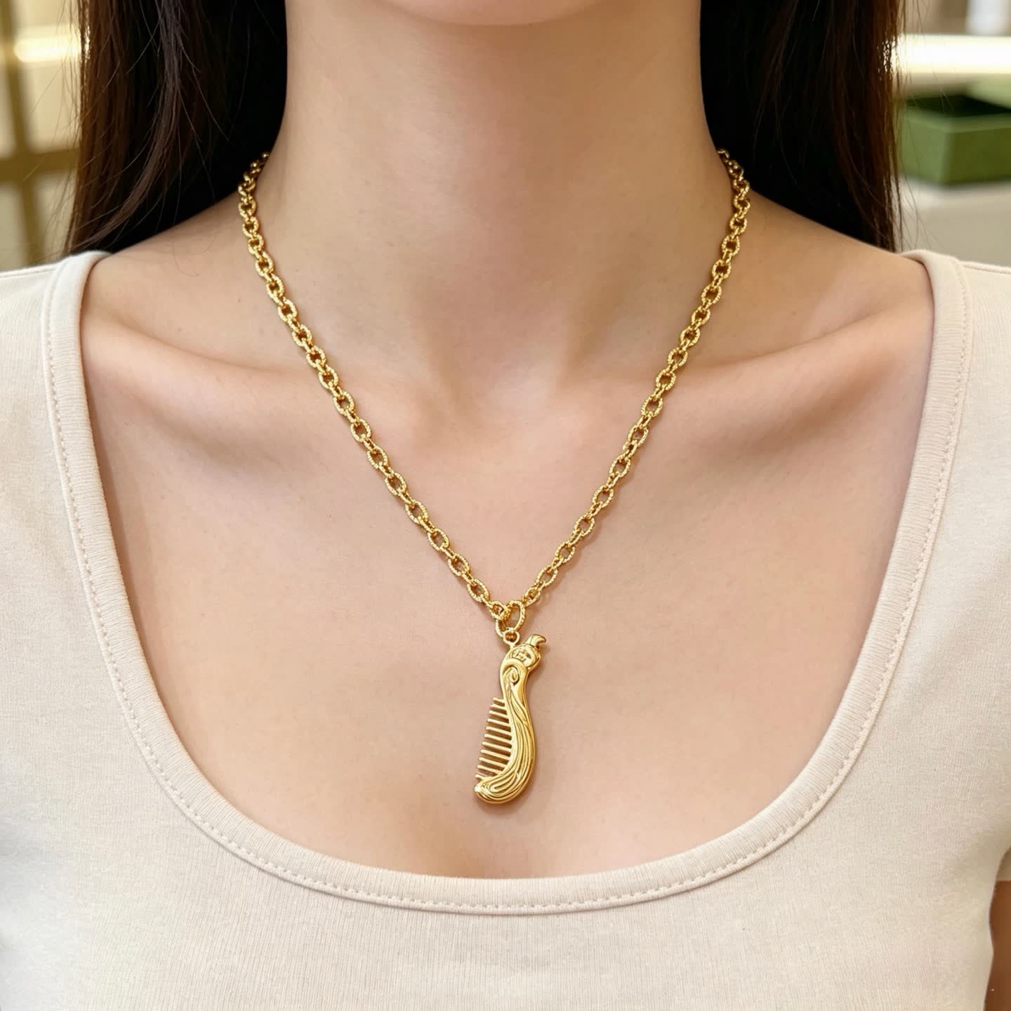 Gucci Gold Tone Comb Pendant Necklace