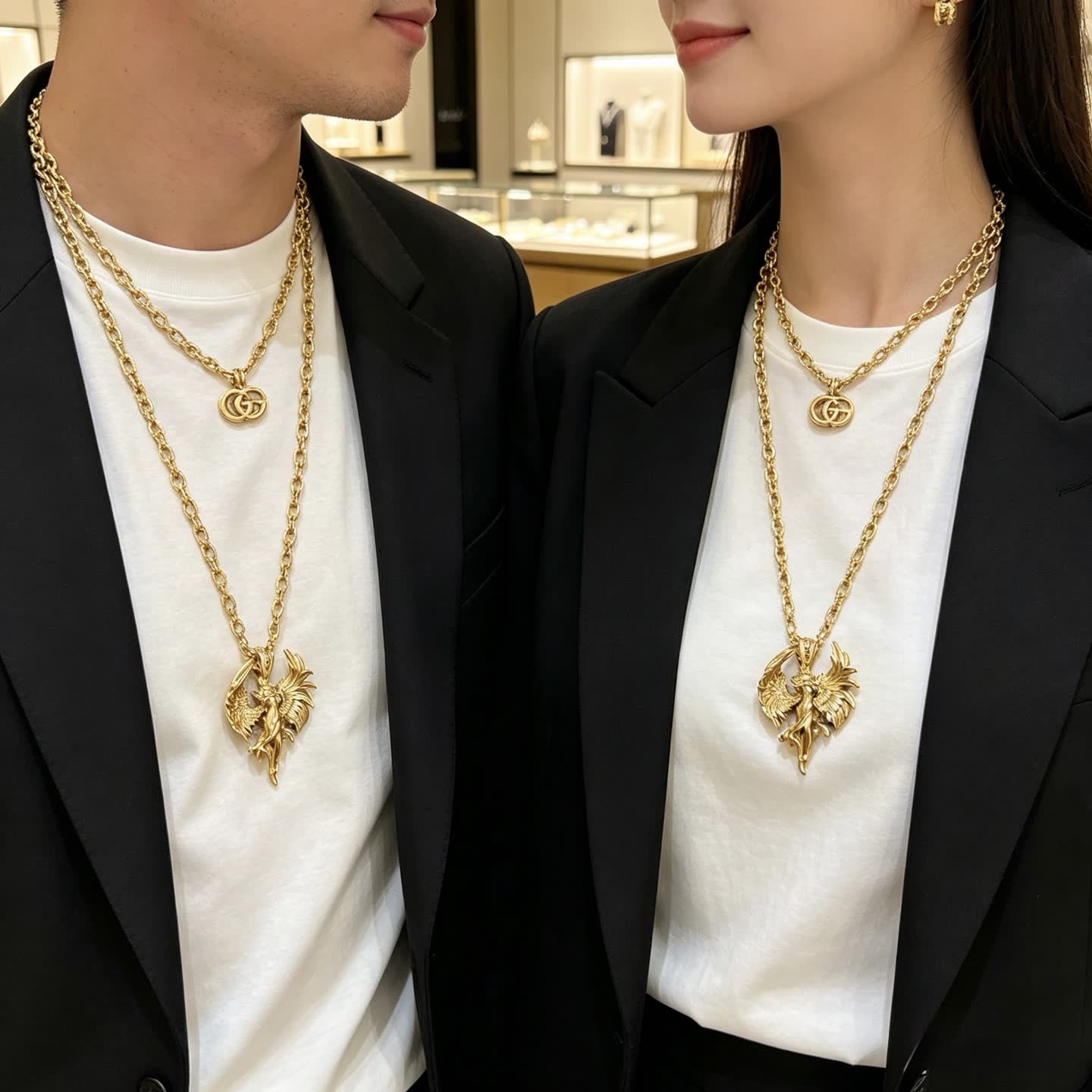 Gucci Gold Winged Figure Pendant Necklace