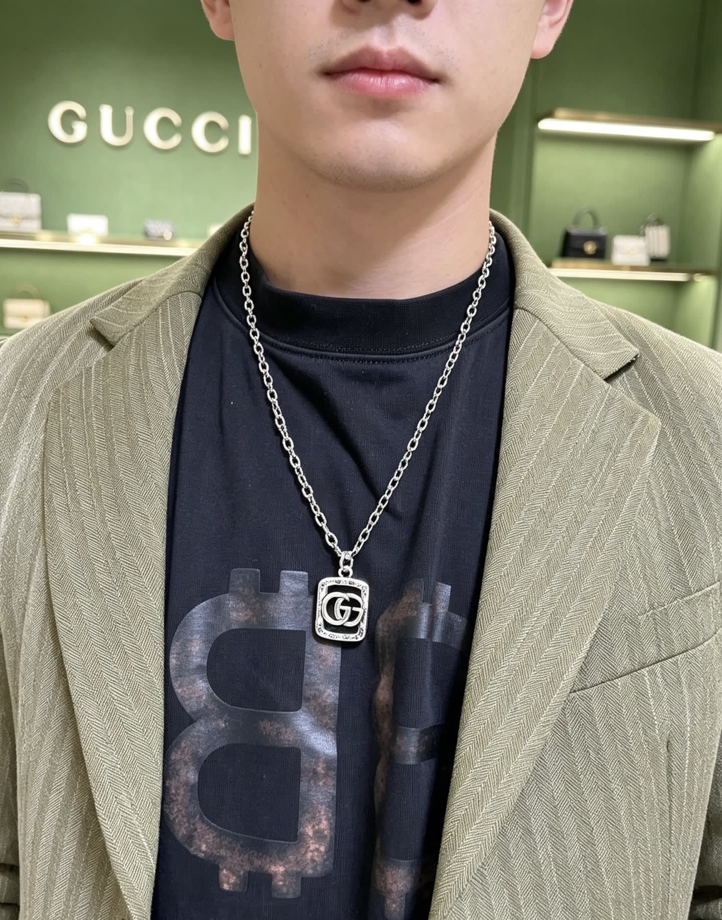Gucci Silver Tone Interlocking G Pendant Necklace