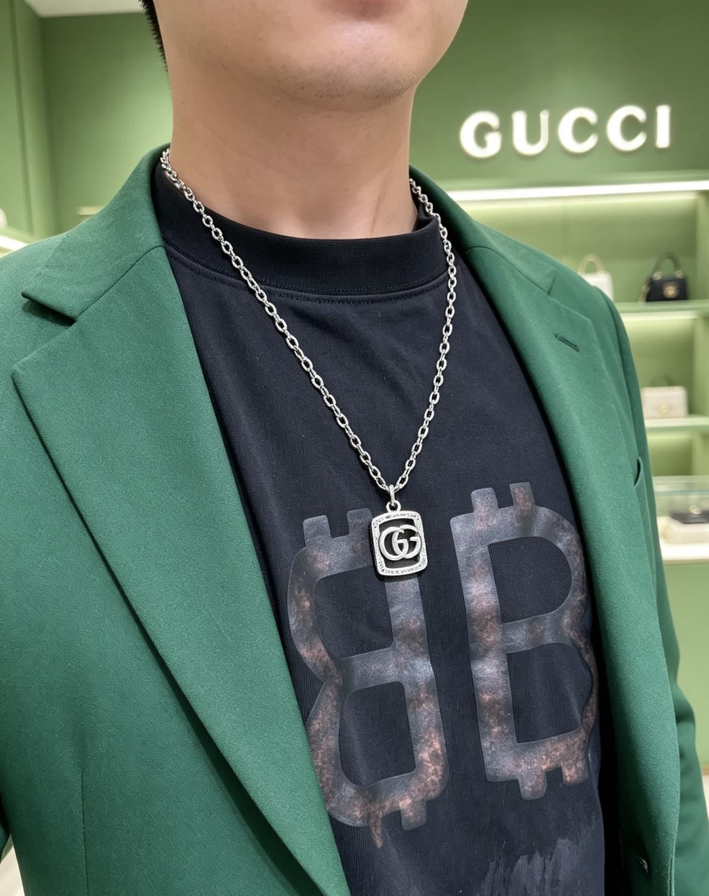 Gucci Silver Tone Interlocking G Pendant Necklace