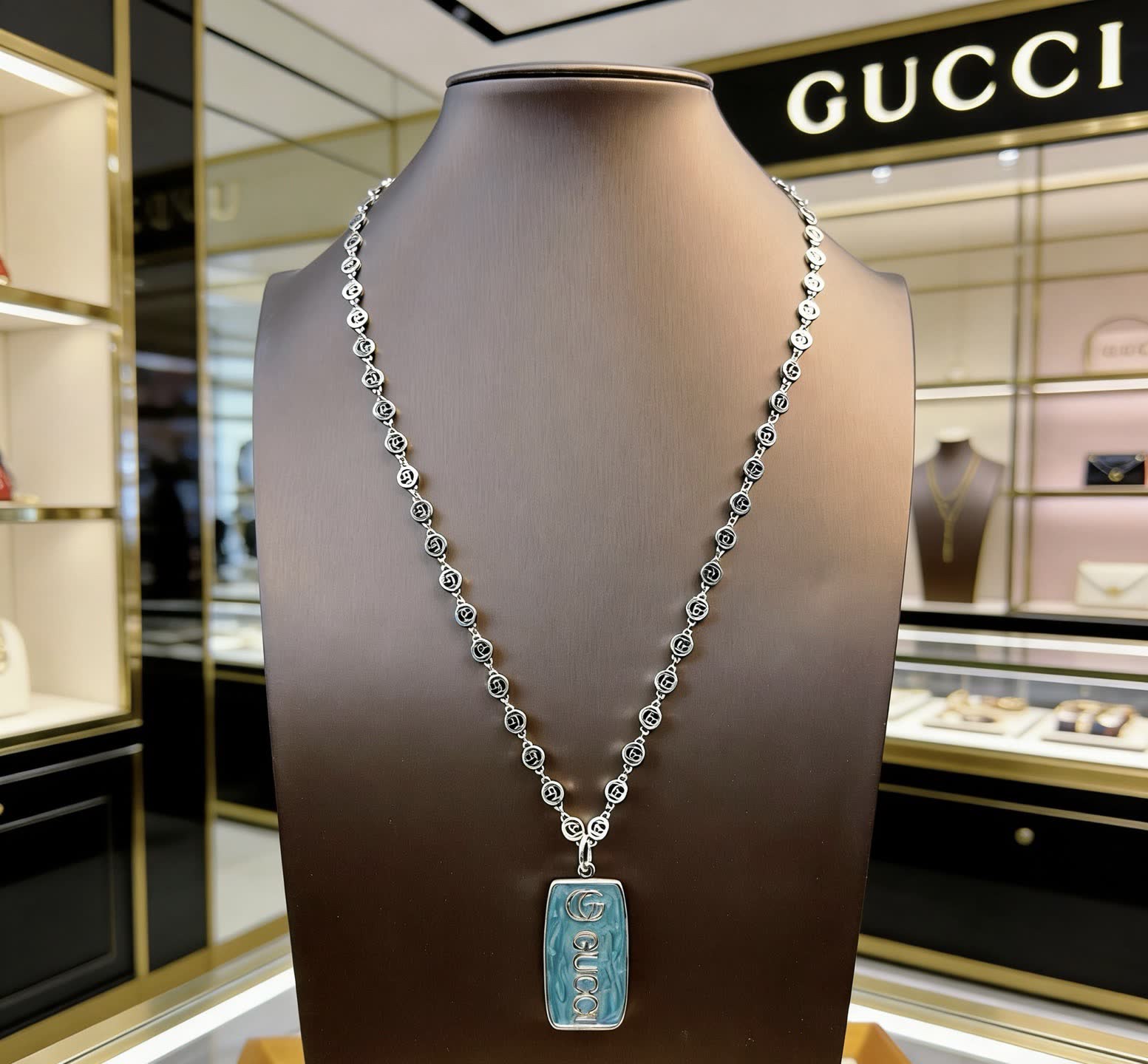 Gucci Silver Chain with Blue Enamel Pendant