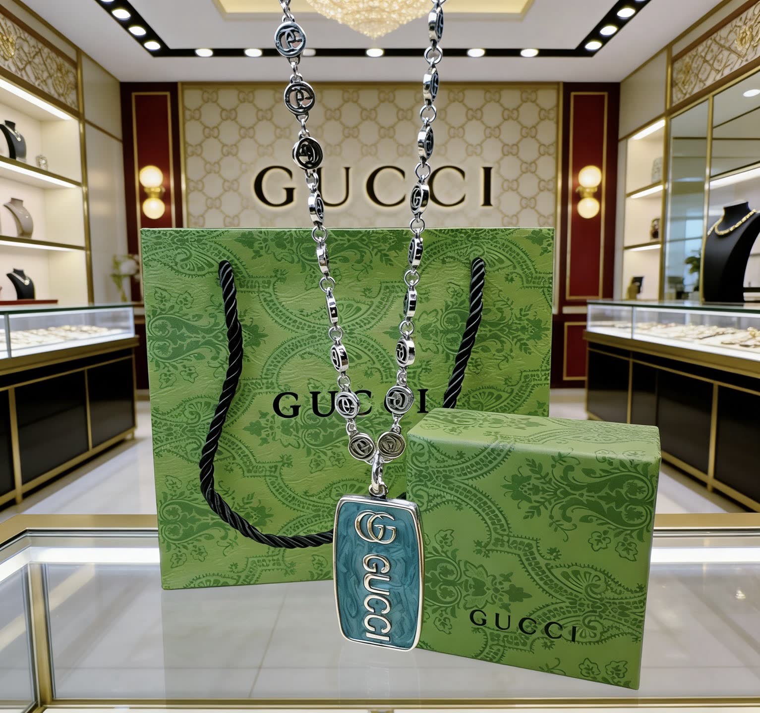 Gucci Silver Chain with Blue Enamel Pendant