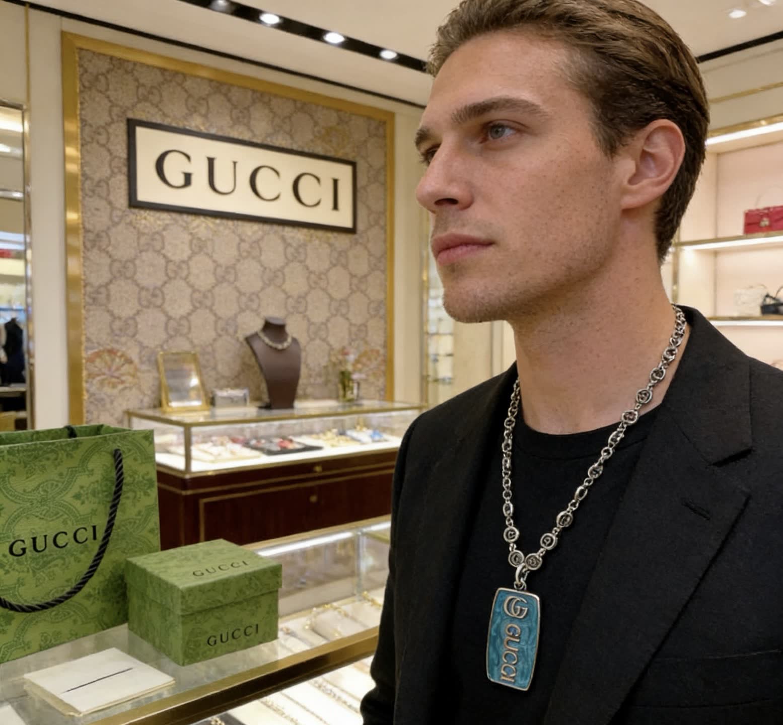 Gucci Silver Chain with Blue Enamel Pendant