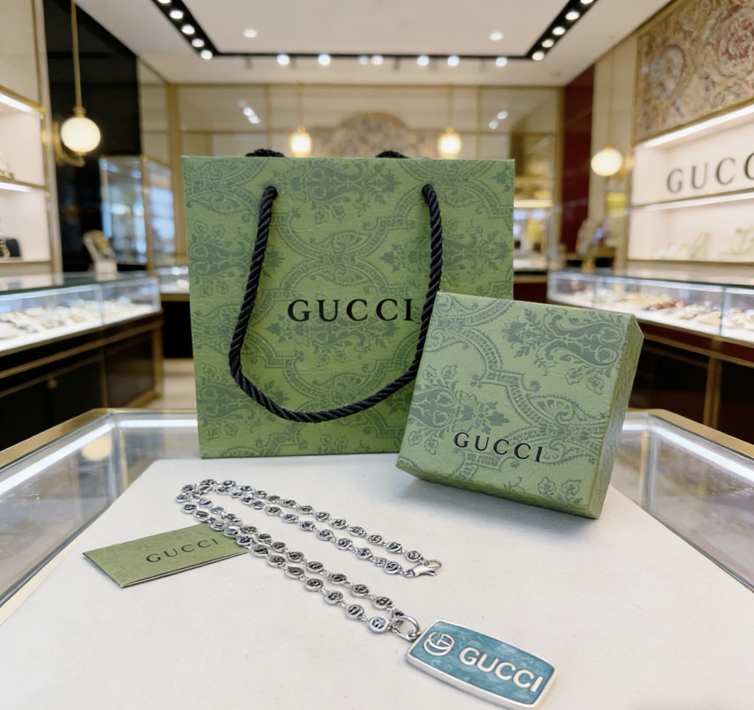 Gucci Silver Chain with Blue Enamel Pendant