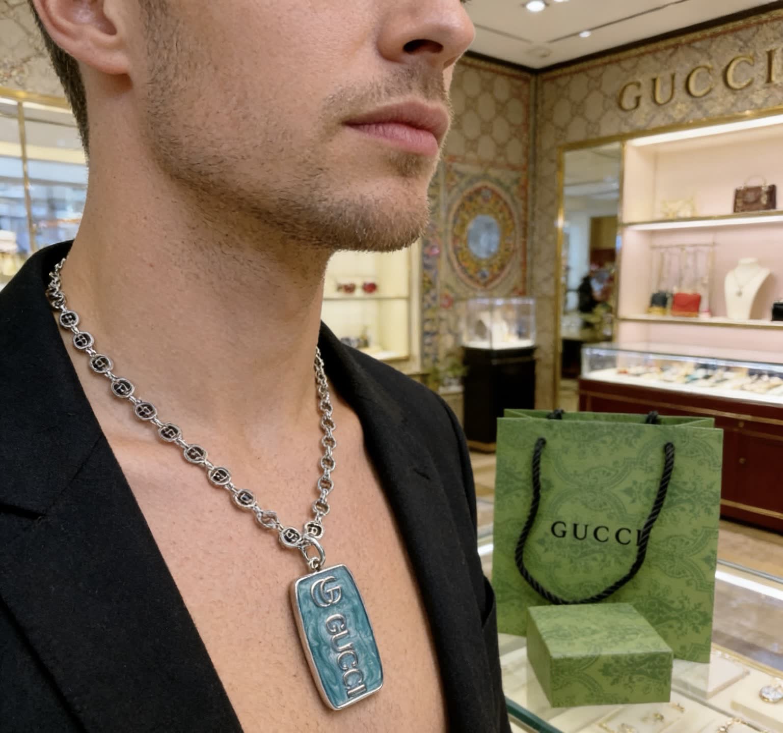 Gucci Silver Chain with Blue Enamel Pendant