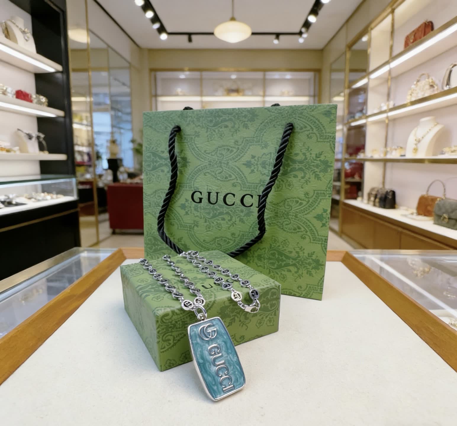 Gucci Silver Chain with Blue Enamel Pendant