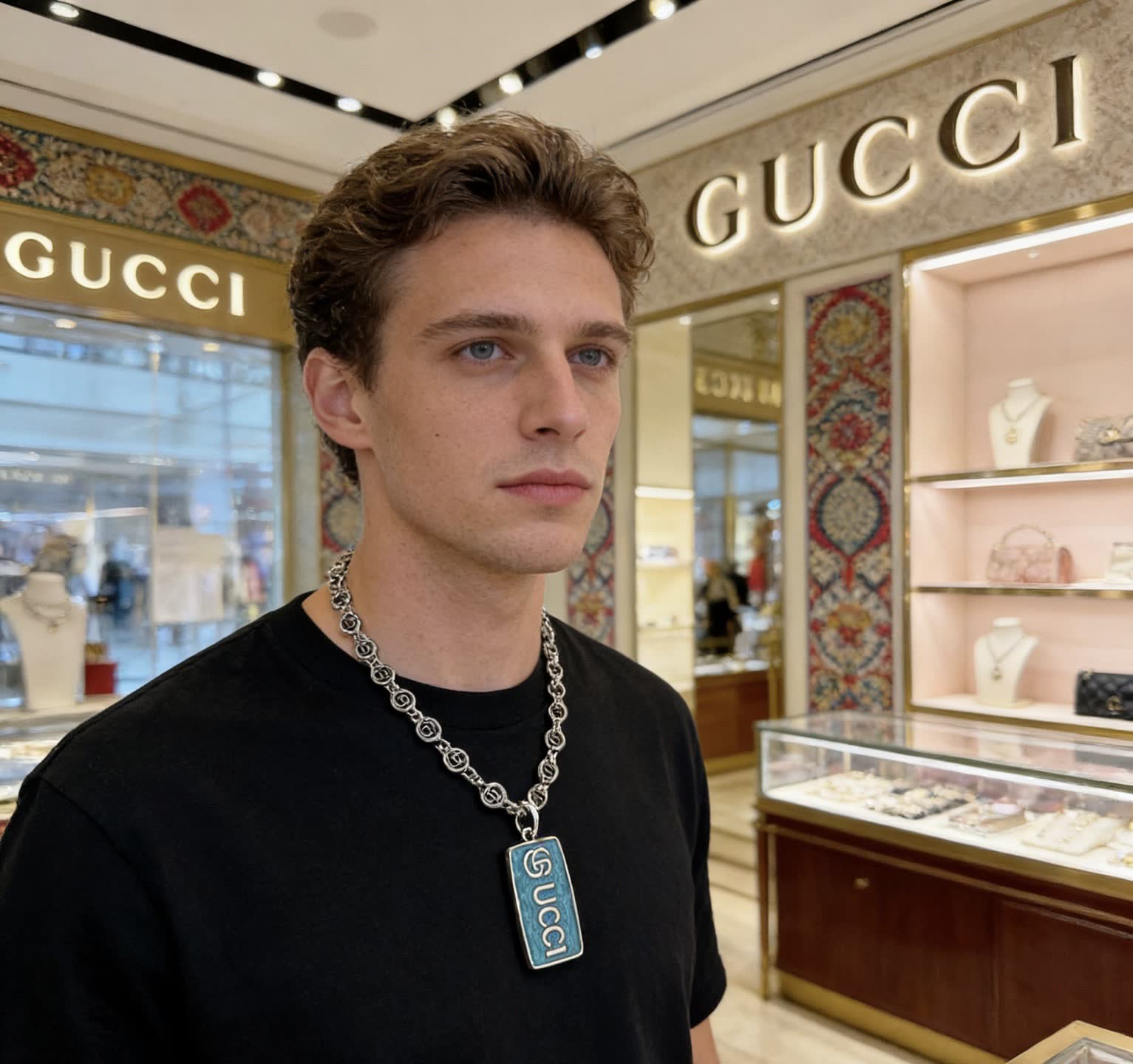 Gucci Silver Chain with Blue Enamel Pendant