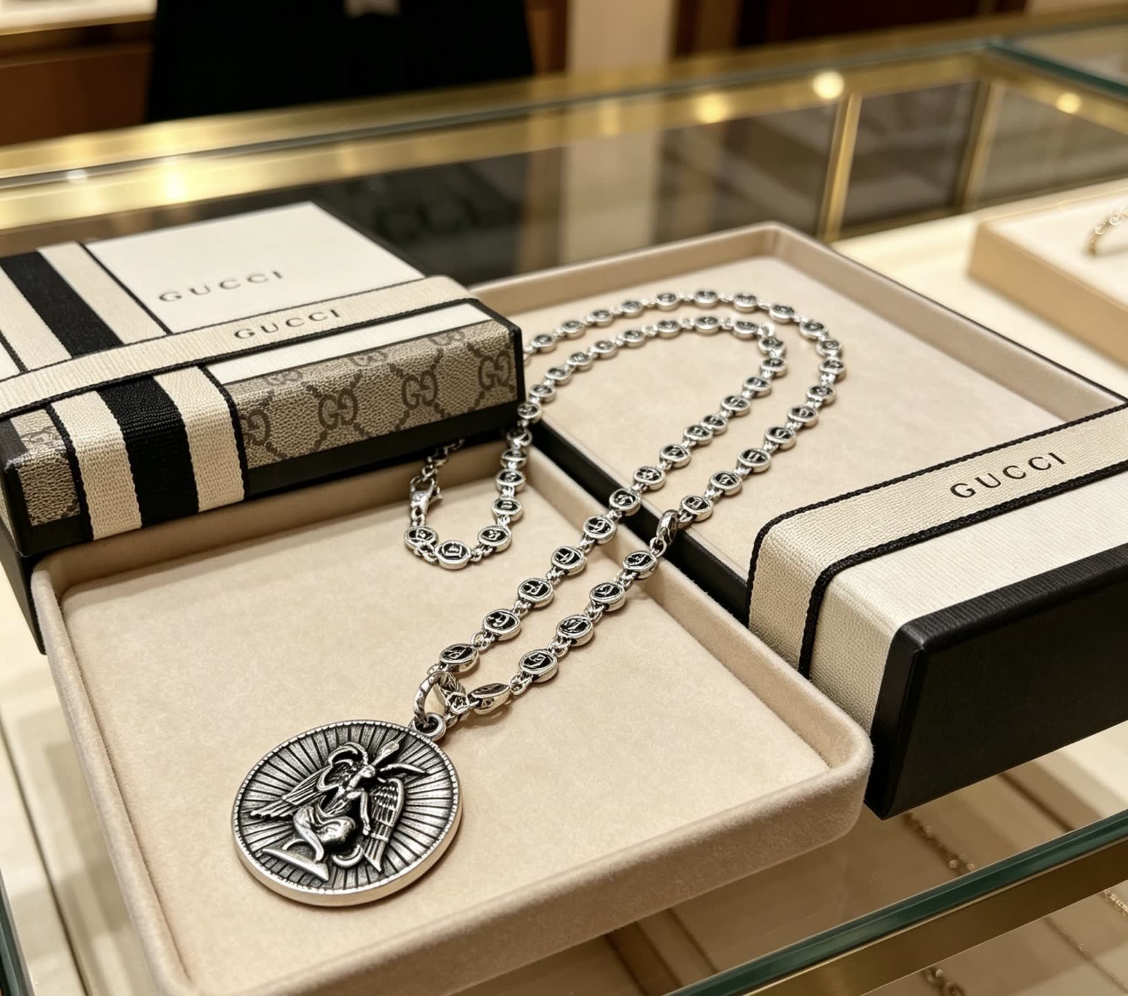 Gucci Silver Medallion Necklace
