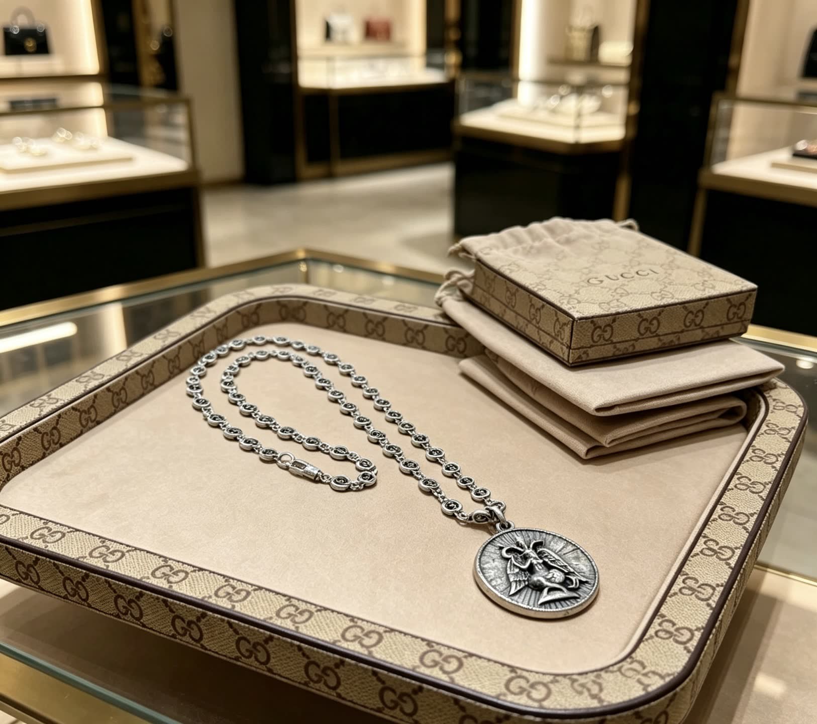 Gucci Silver Medallion Necklace