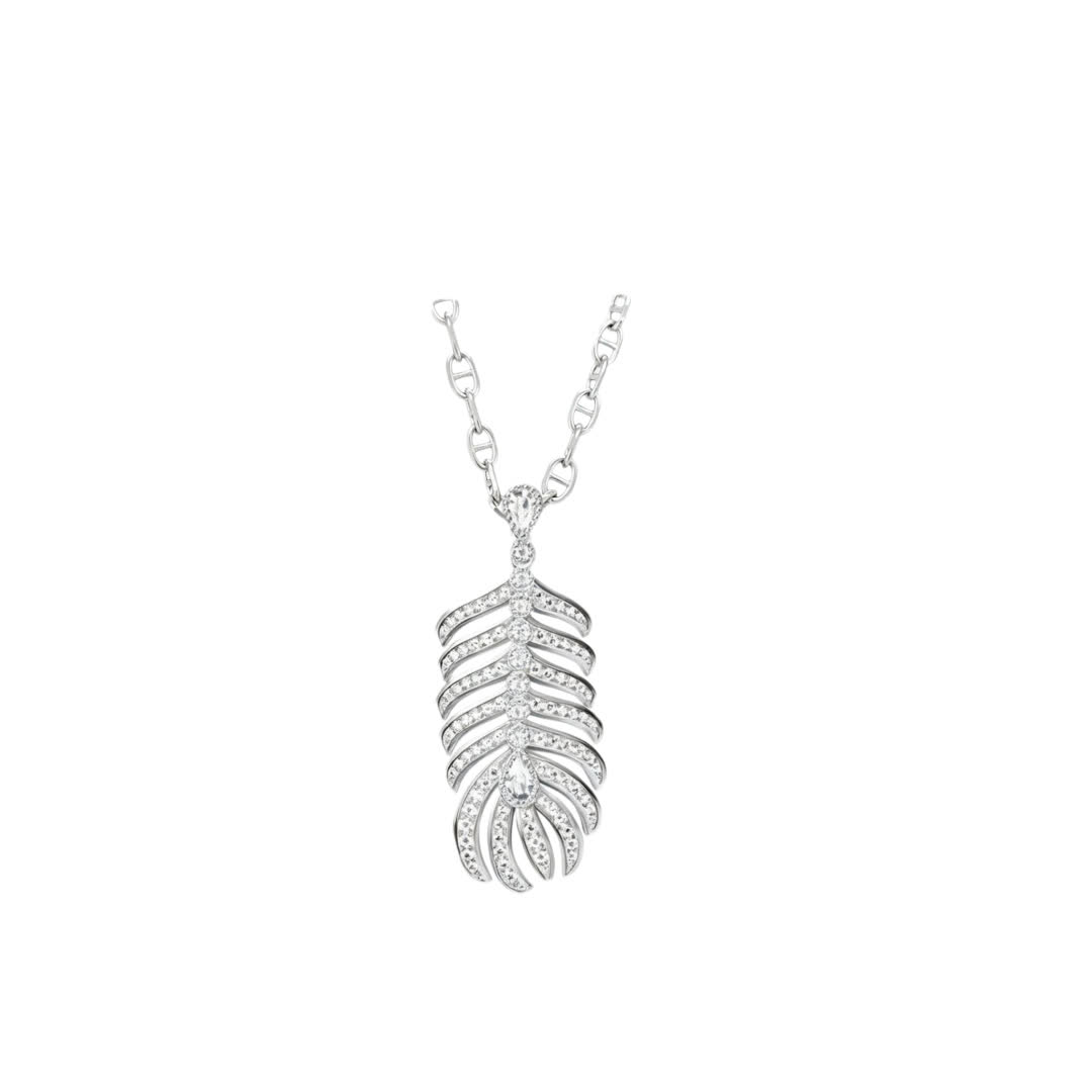 Elegant Silver Feather Diamond Pendant Necklace