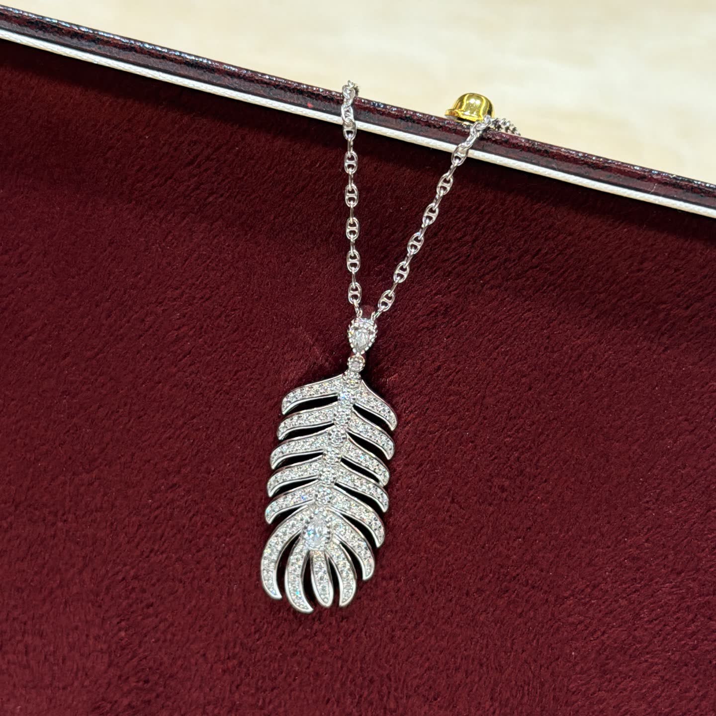 Elegant Silver Feather Diamond Pendant Necklace