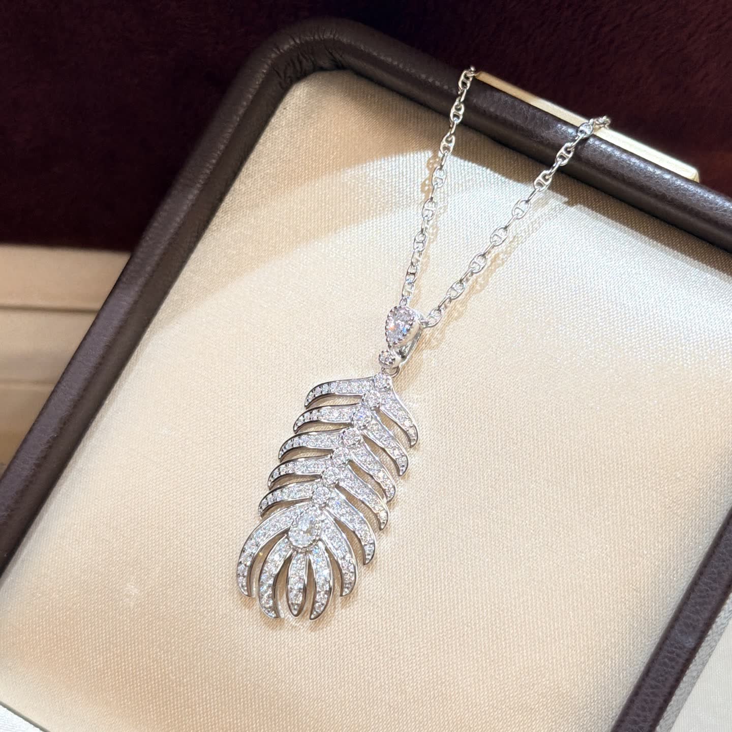 Elegant Silver Feather Diamond Pendant Necklace