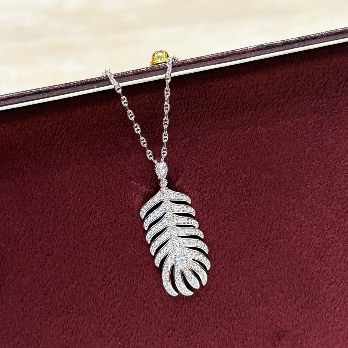 Elegant Silver Feather Diamond Pendant Necklace