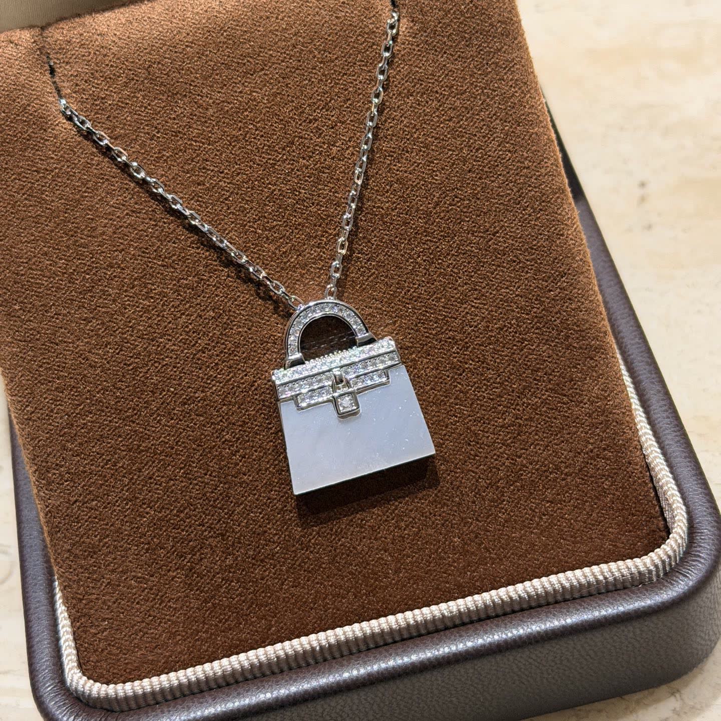 Hermes Hermès Silver Diamond Lock Bag Pendant Necklace