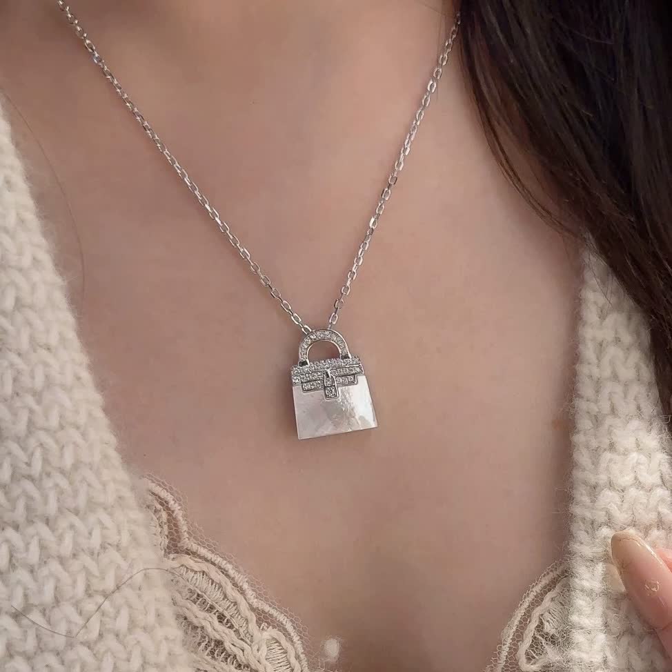 Hermes Hermès Silver Diamond Lock Bag Pendant Necklace