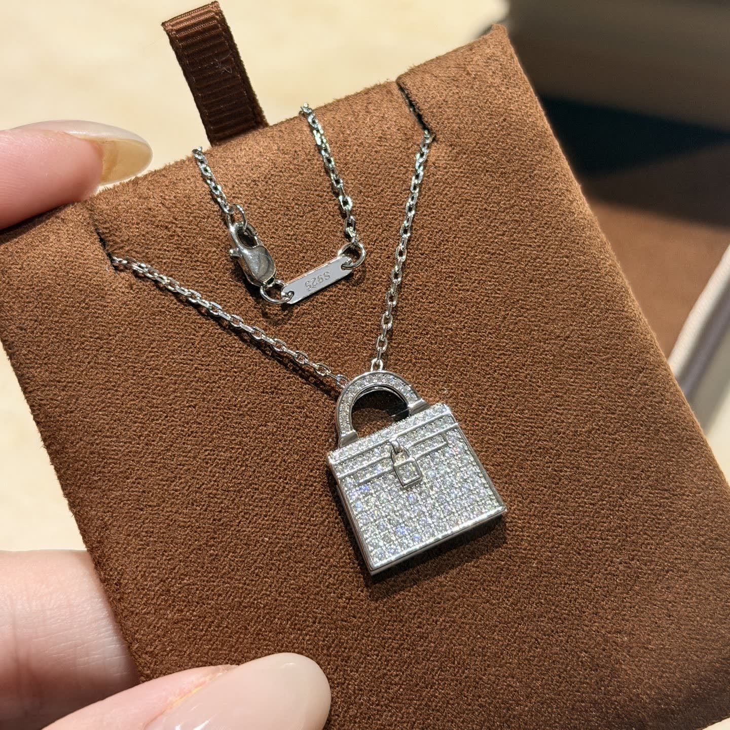 Hermes Hermès Silver Diamond Lock Bag Pendant Necklace