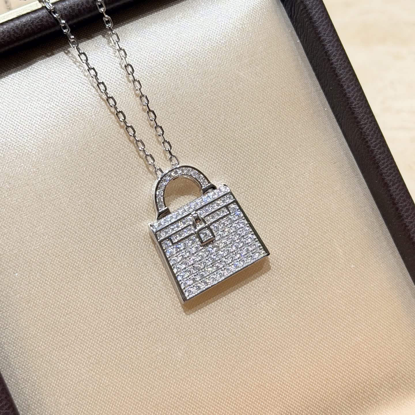 Hermes Hermès Silver Diamond Lock Bag Pendant Necklace