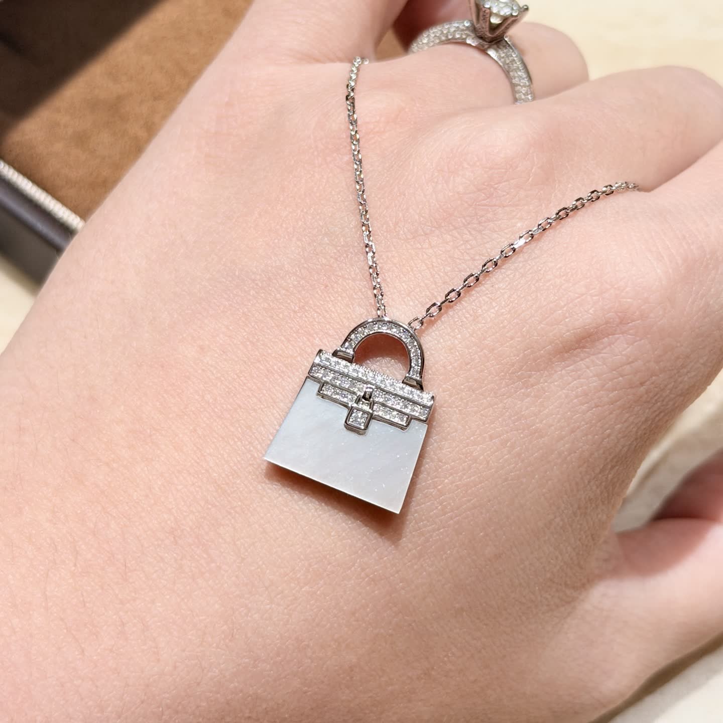 Hermes Hermès Silver Diamond Lock Bag Pendant Necklace
