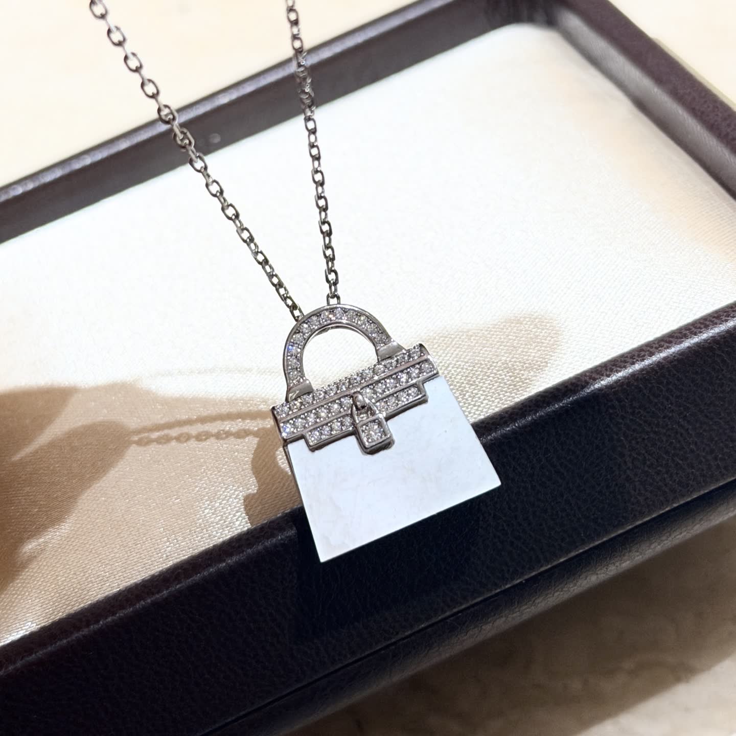 Hermes Hermès Silver Diamond Lock Bag Pendant Necklace