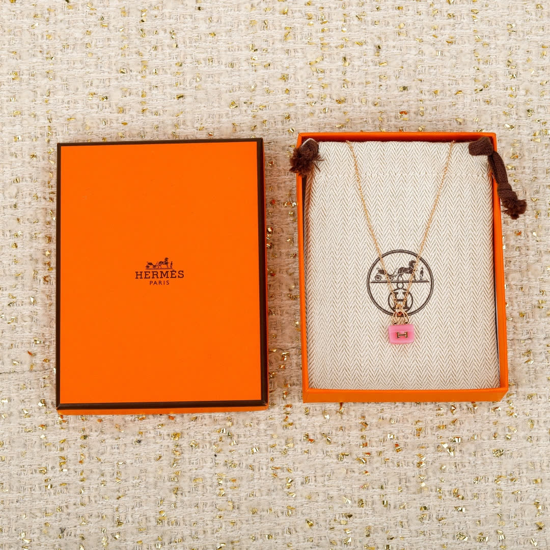Hermes Hermès Paris Gold & Pink Enamel Necklace