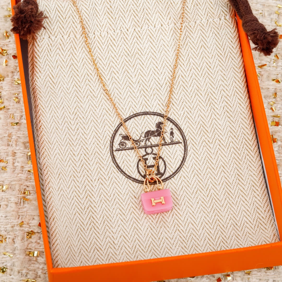 Hermes Hermès Paris Gold & Pink Enamel Necklace